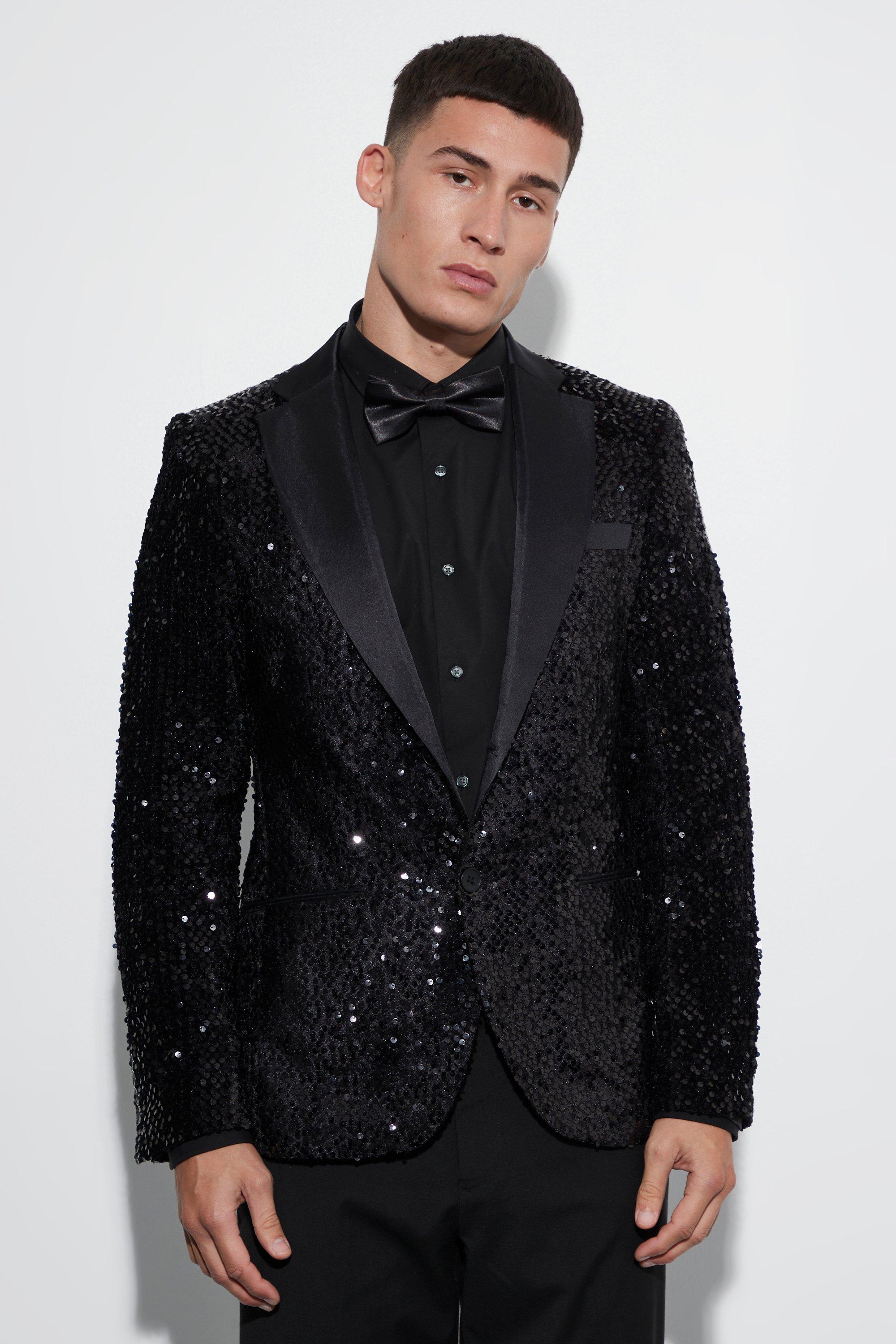 Men Sequin Suit Jacket Slim Fit Peak Lapel Contrast Color One