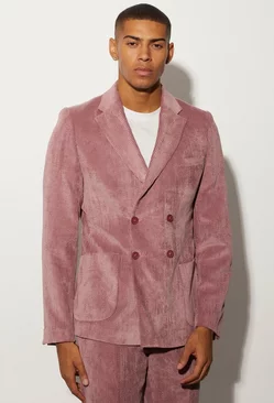 Pink Slim Double Breasted Cord Suit Jacket
