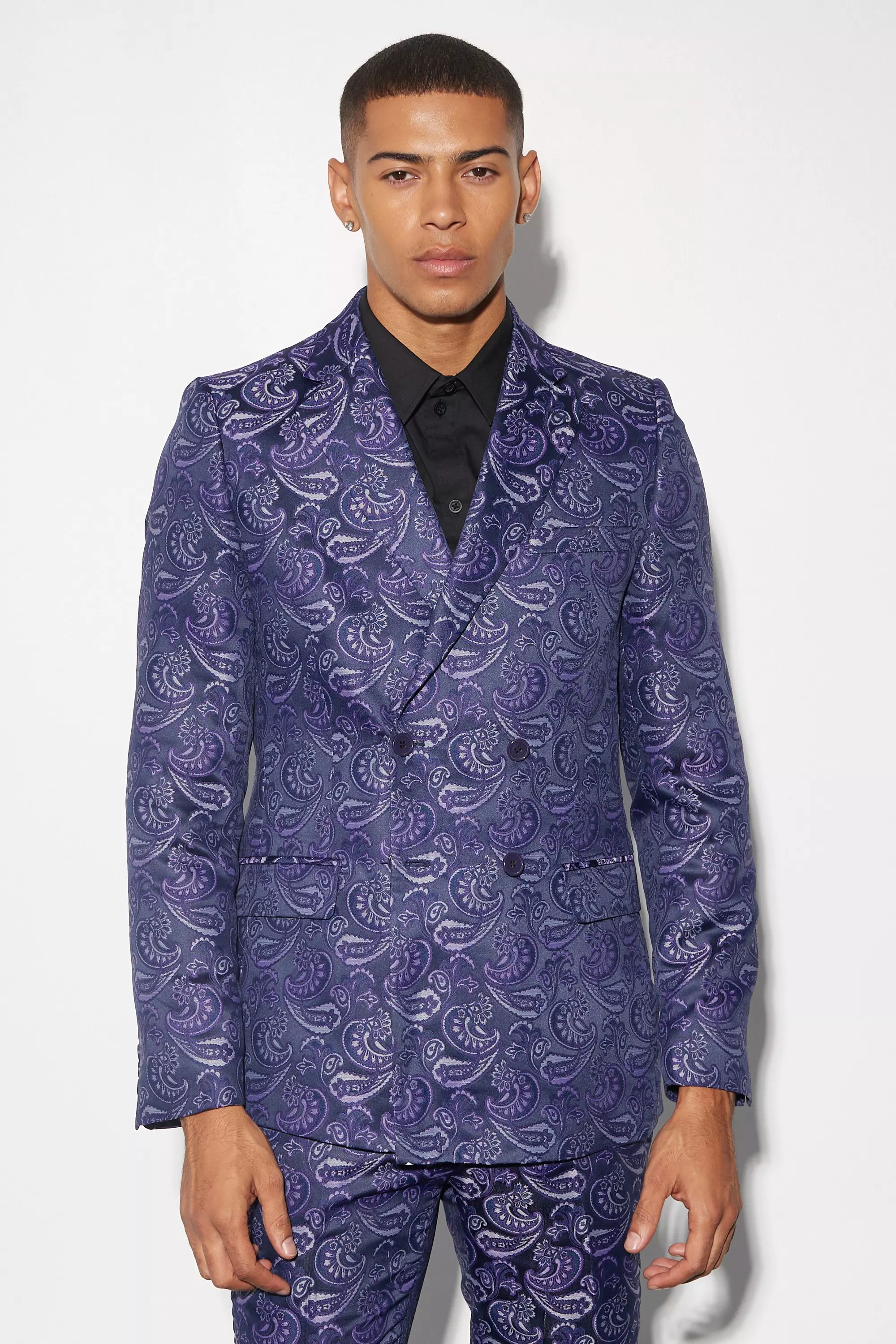 Navy Slim Double Breasted Paisley Jacquard Blazer