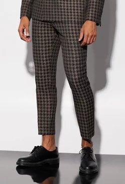 Skinny Fit Dogtooth Crop Suit Trousers bronze
