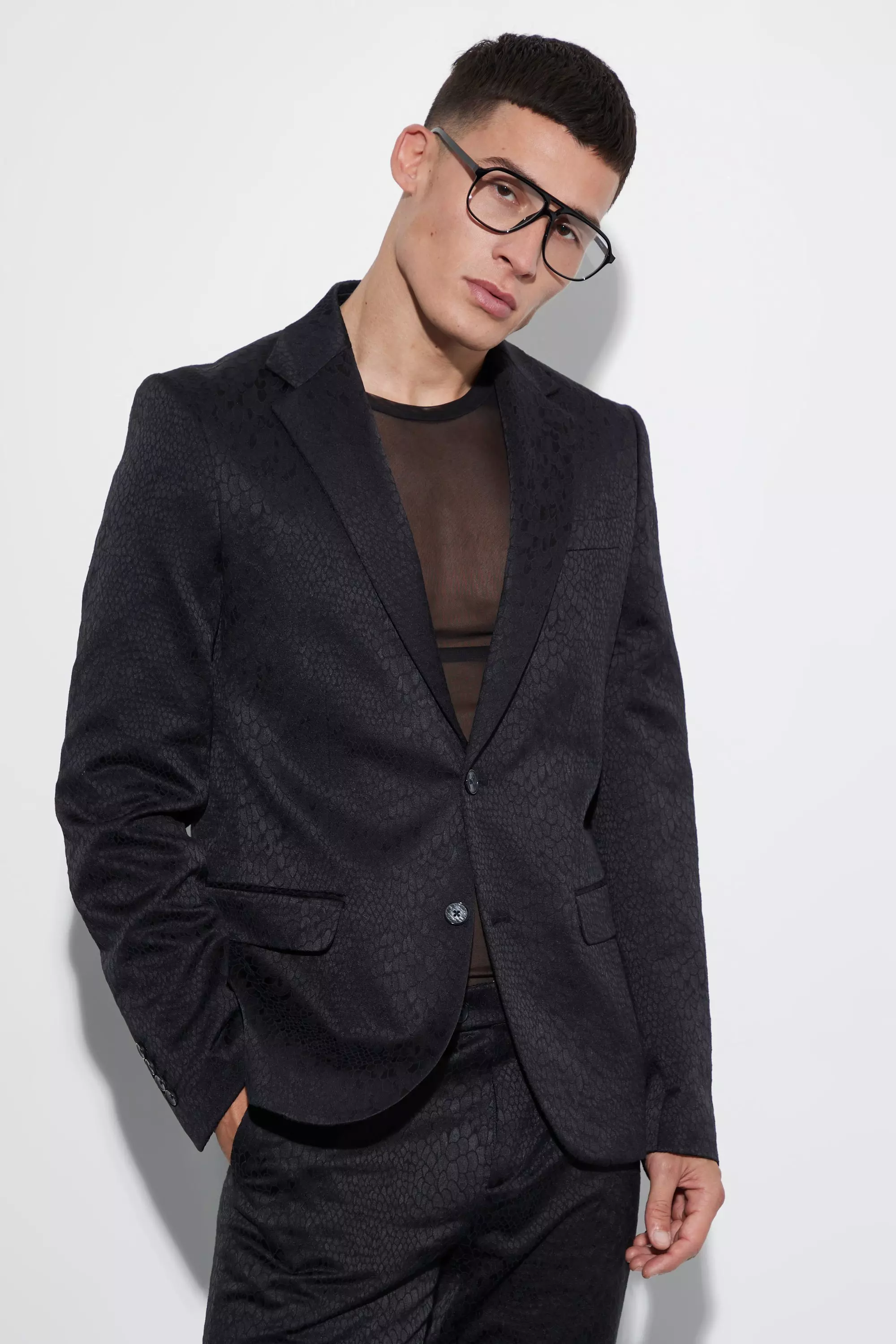 Slim Snake Jacquard Suit Jacket Black