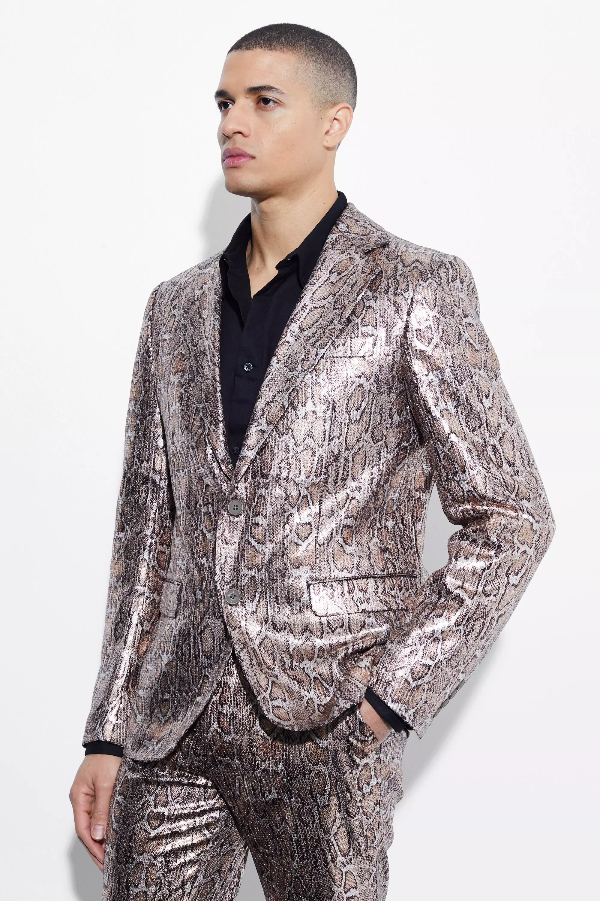 Slim Snake Sequin Suit Jacket Gold