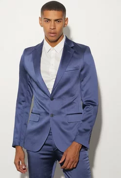 Blue Skinny Fit Satin Suit Jacket