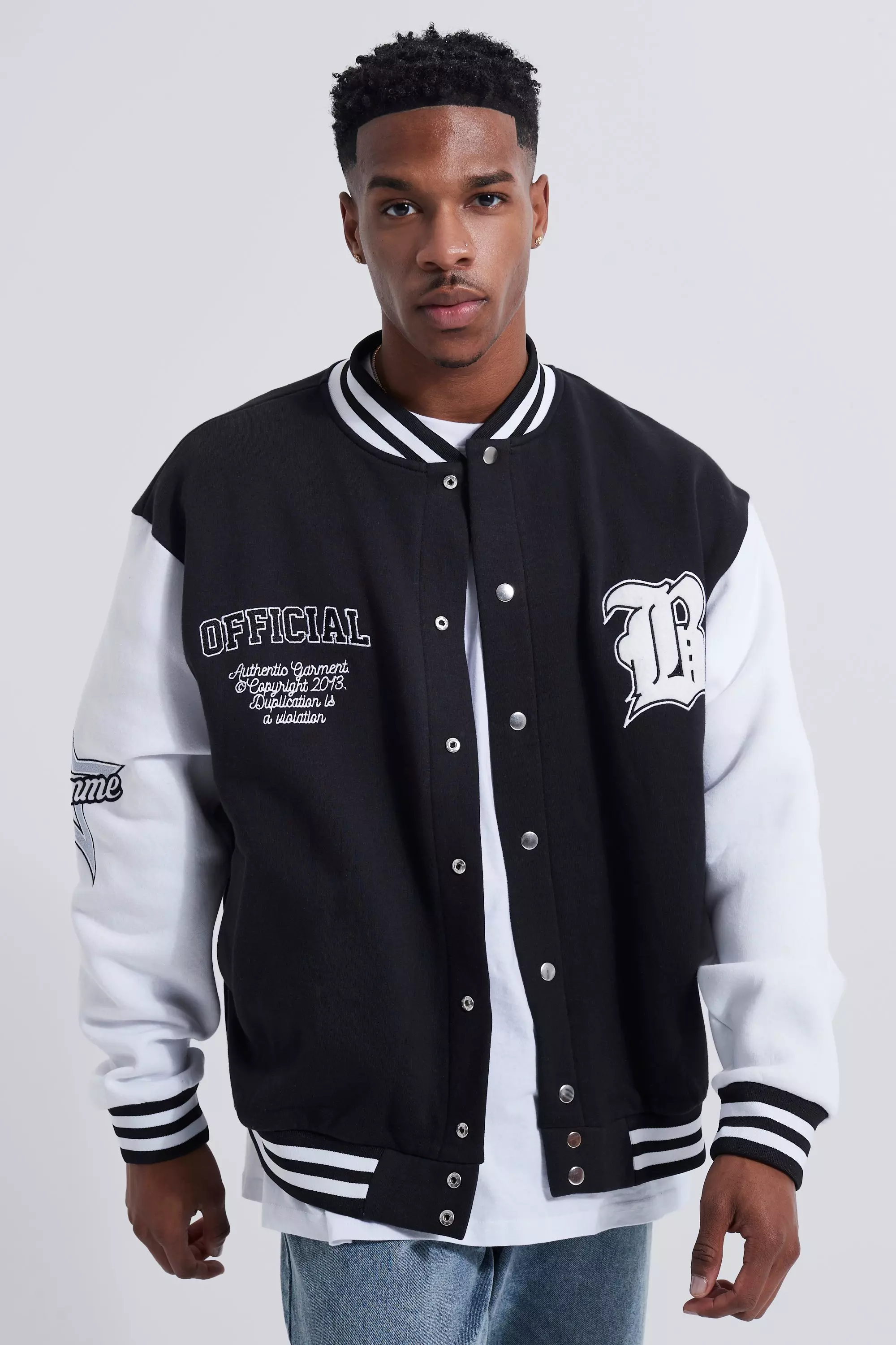 Oversized Varsity Bomber Jacket With Badges boohooMAN IE