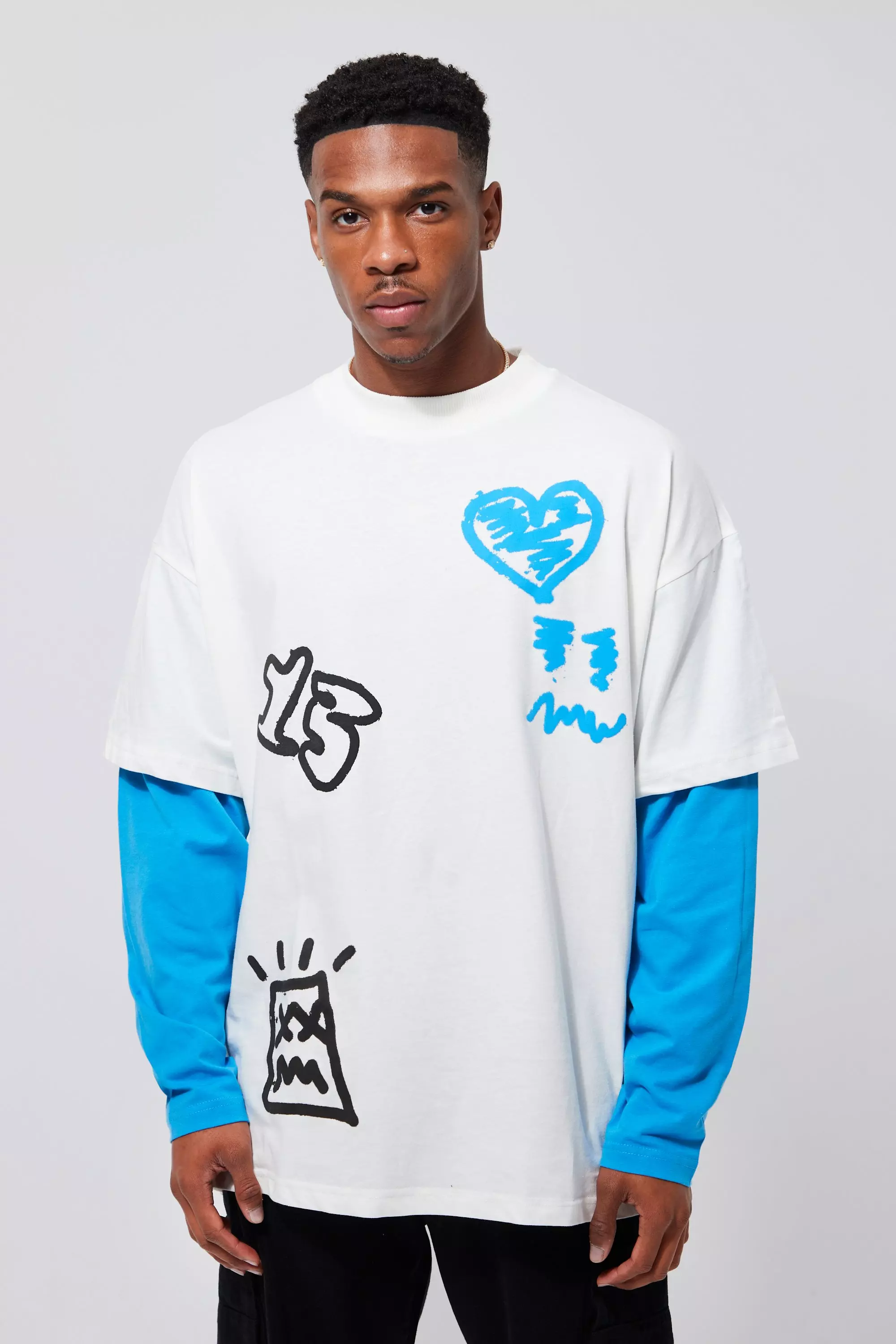 Oversized Faux Layer Graffiti Graphic T shirt boohooMAN UK