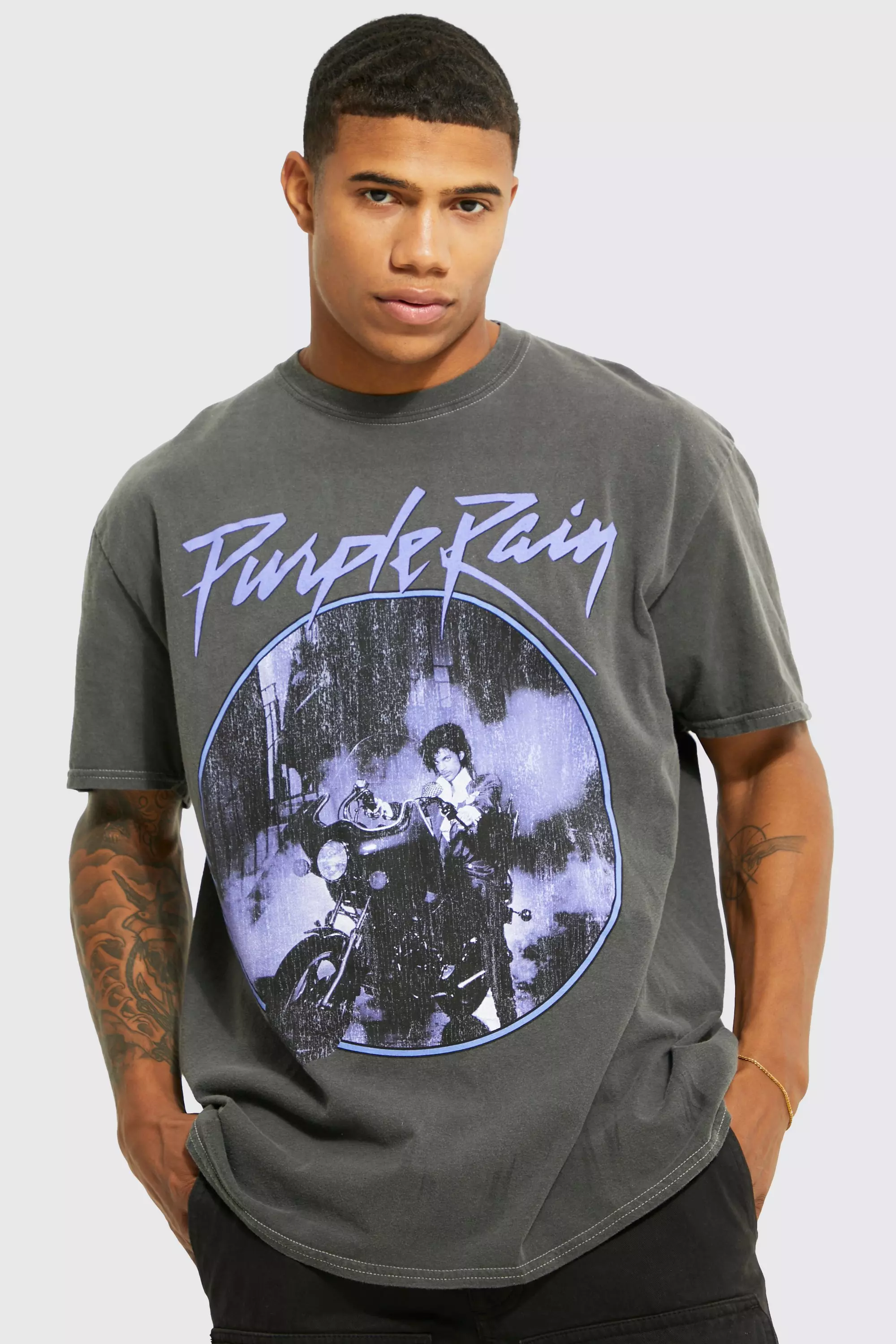 Oversized Prince Acid Wash License T-shirt Charcoal