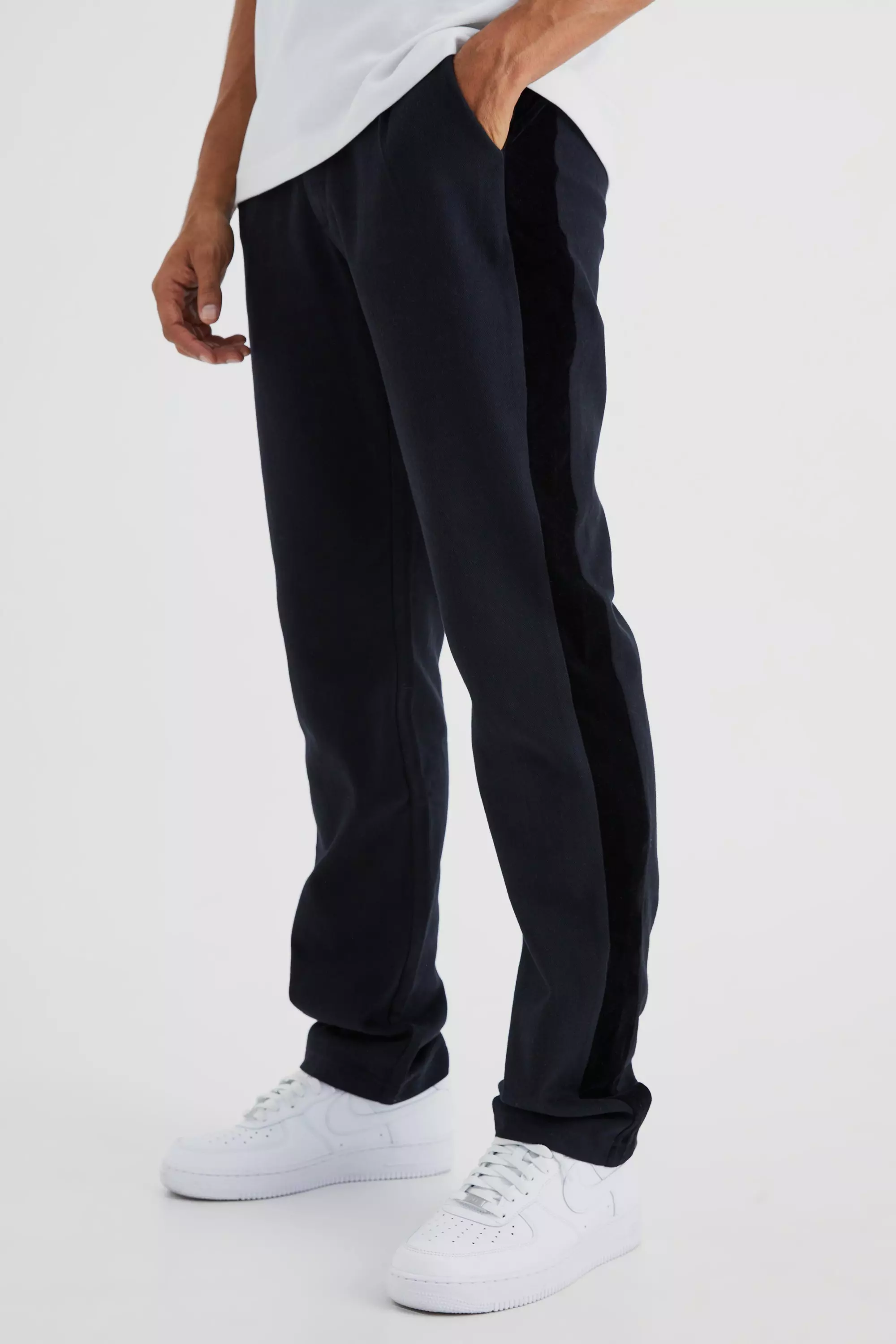 Fixed Waist Straight Velour Panel Pants Black