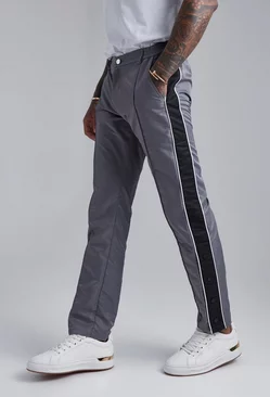 Charcoal Grey Fixed Waist Straight Nylon Side Panel Pants