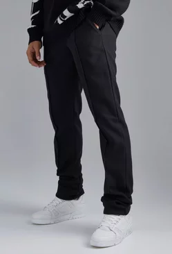 Black Fixed Waist Straight Wool Look Stacked Pants