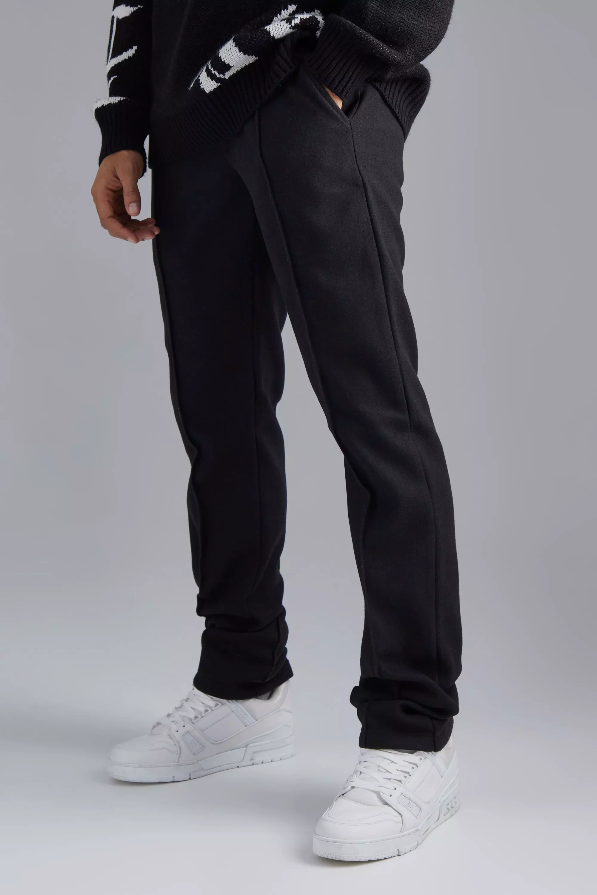 Fixed Waist Straight Wool Look Stacked Pants Black