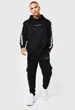 Official Man Tape Cargo Hooded Tracksuit Black