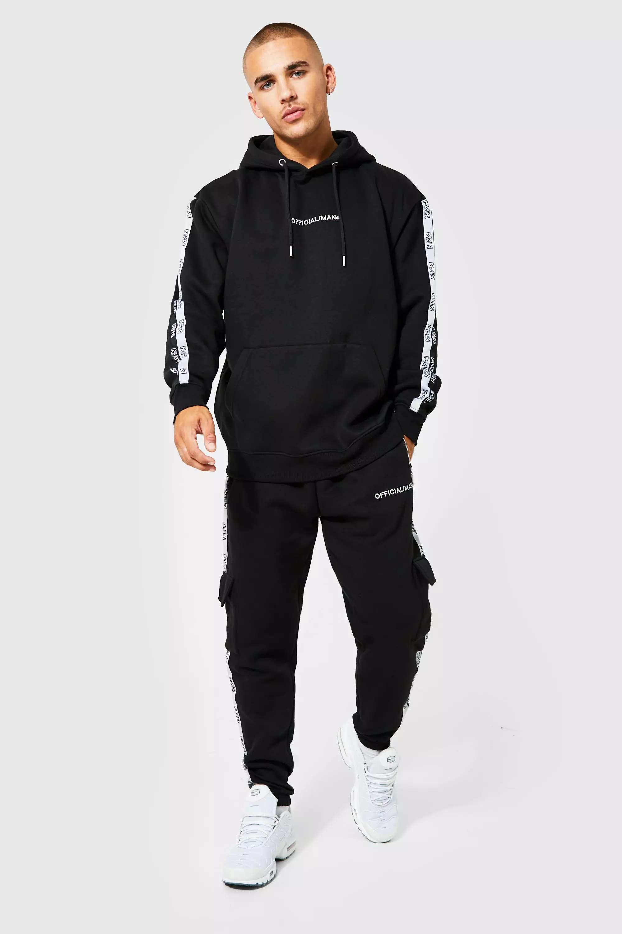 Official Man Tape Cargo Hooded Tracksuit Black