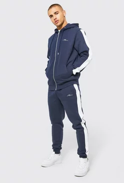 Man Side Panel Zip Through Hooded Tracksuit Navy