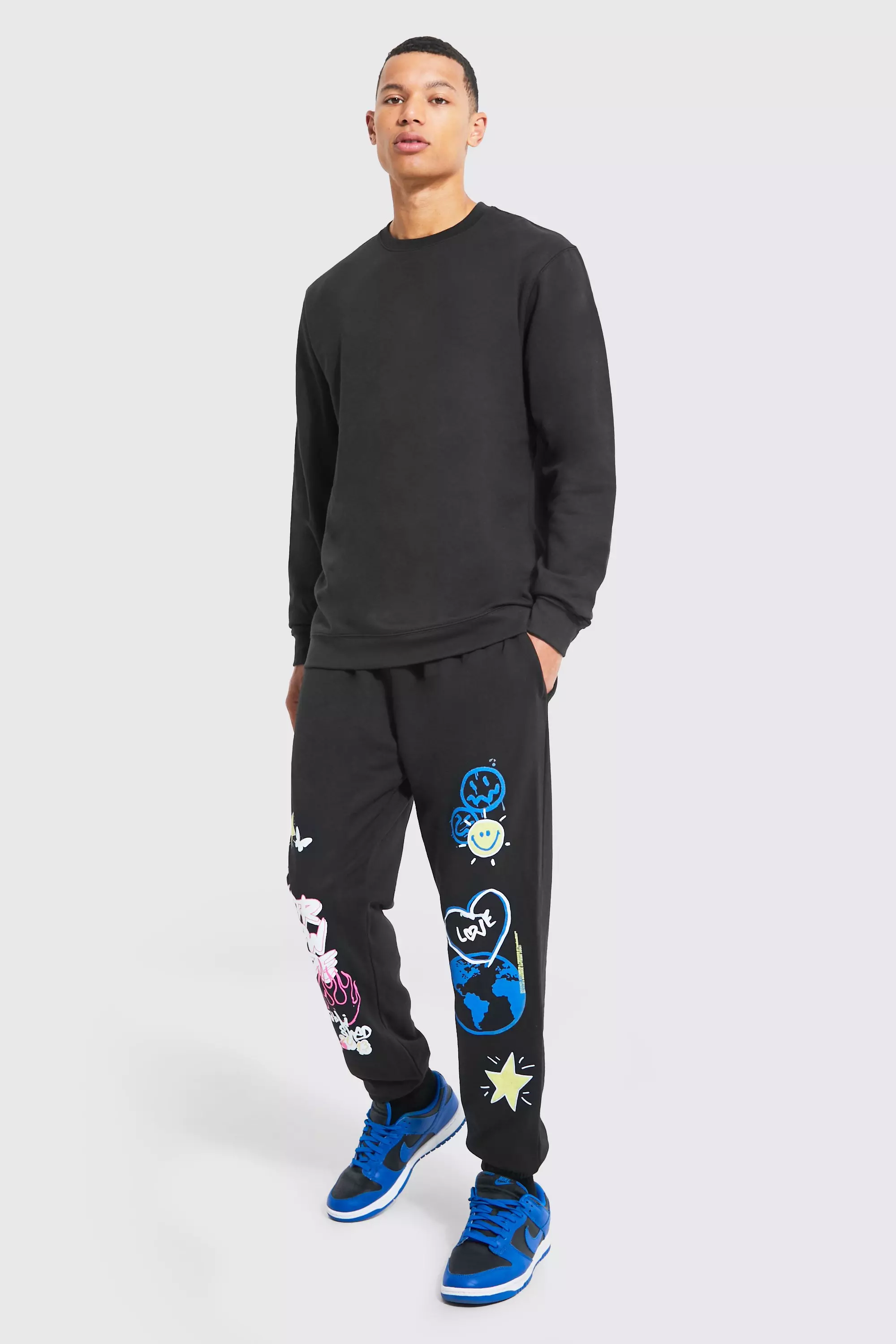 Tall Graffiti Doodle Graphic Sweat Tracksuit Black