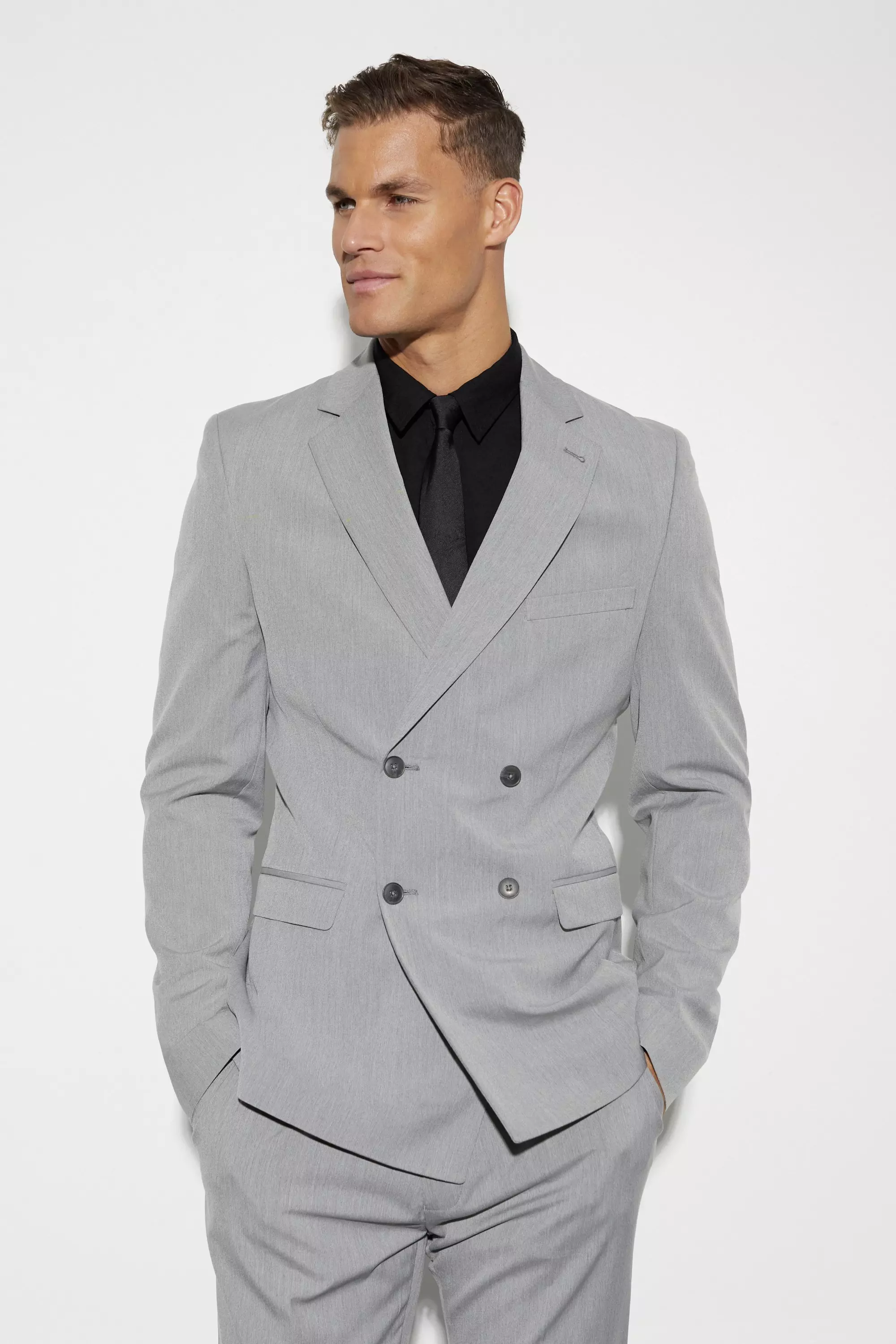 Tall Skinny Double Breasted Suit Jacket Grey