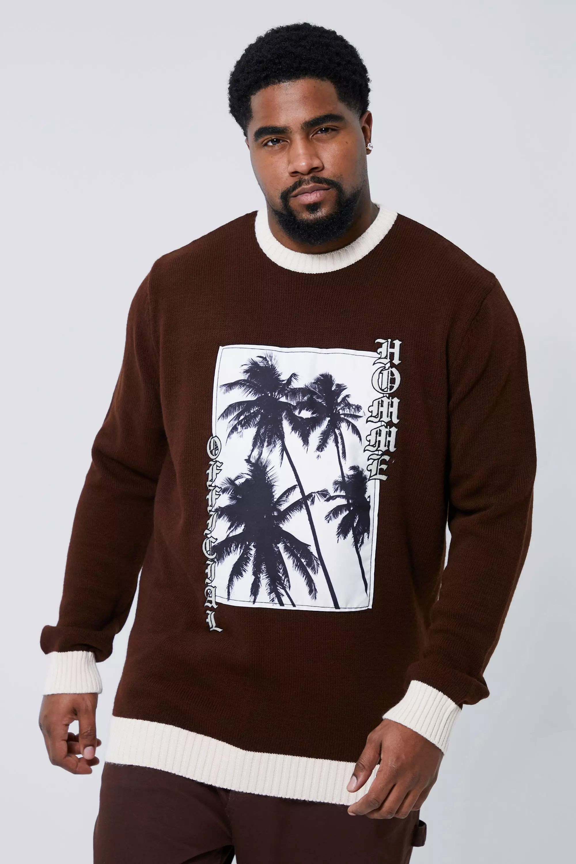 Chocolate Brown Plus Homme Palm Knitted Sweater