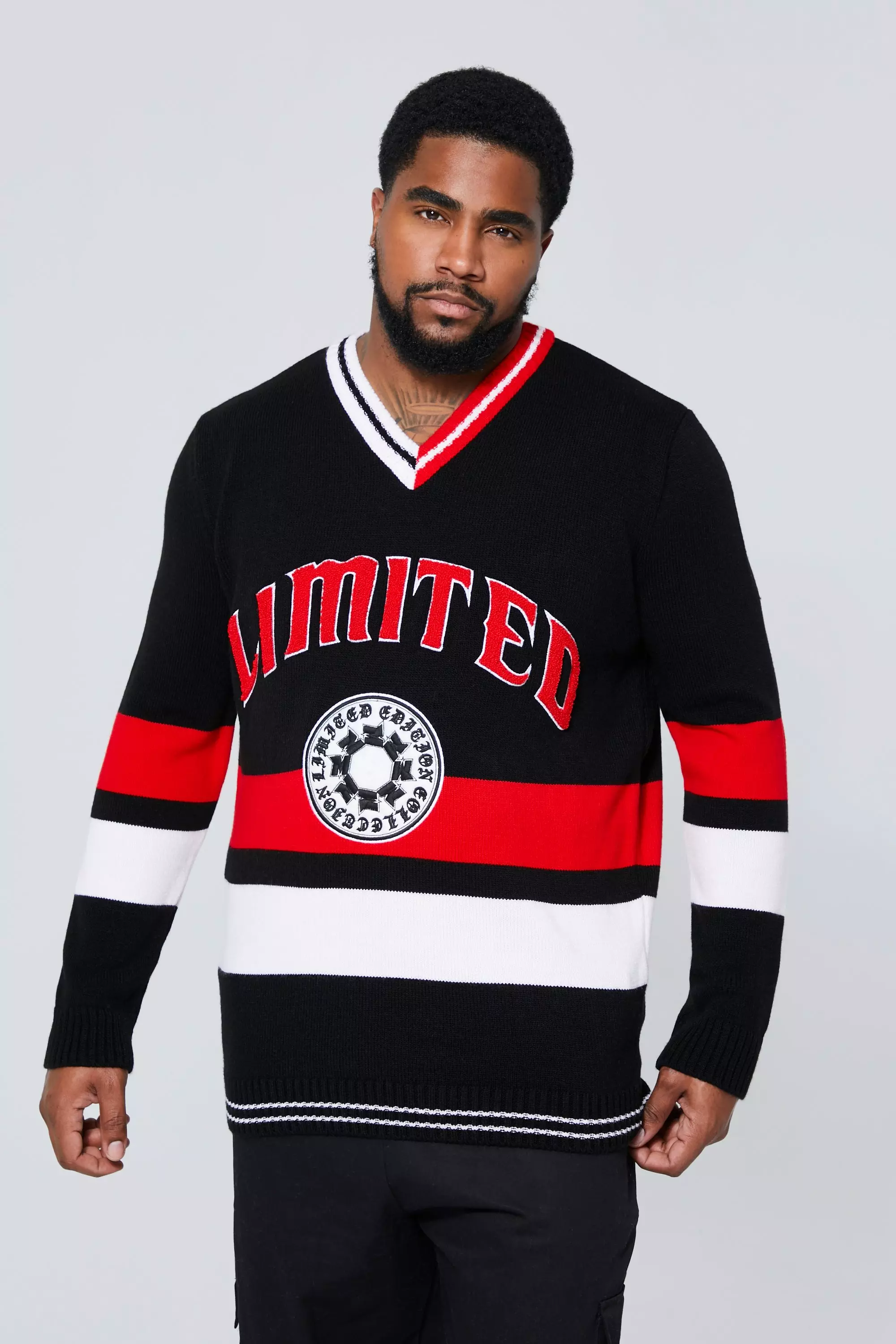 Plus Limited V Neck Varsity Knitted Sweater Black