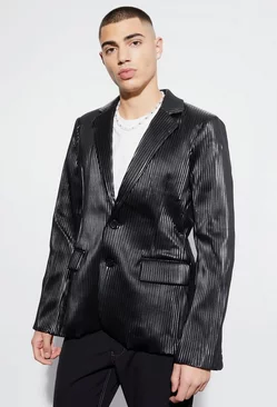Black Slim Pu Pleated Suit Jacket