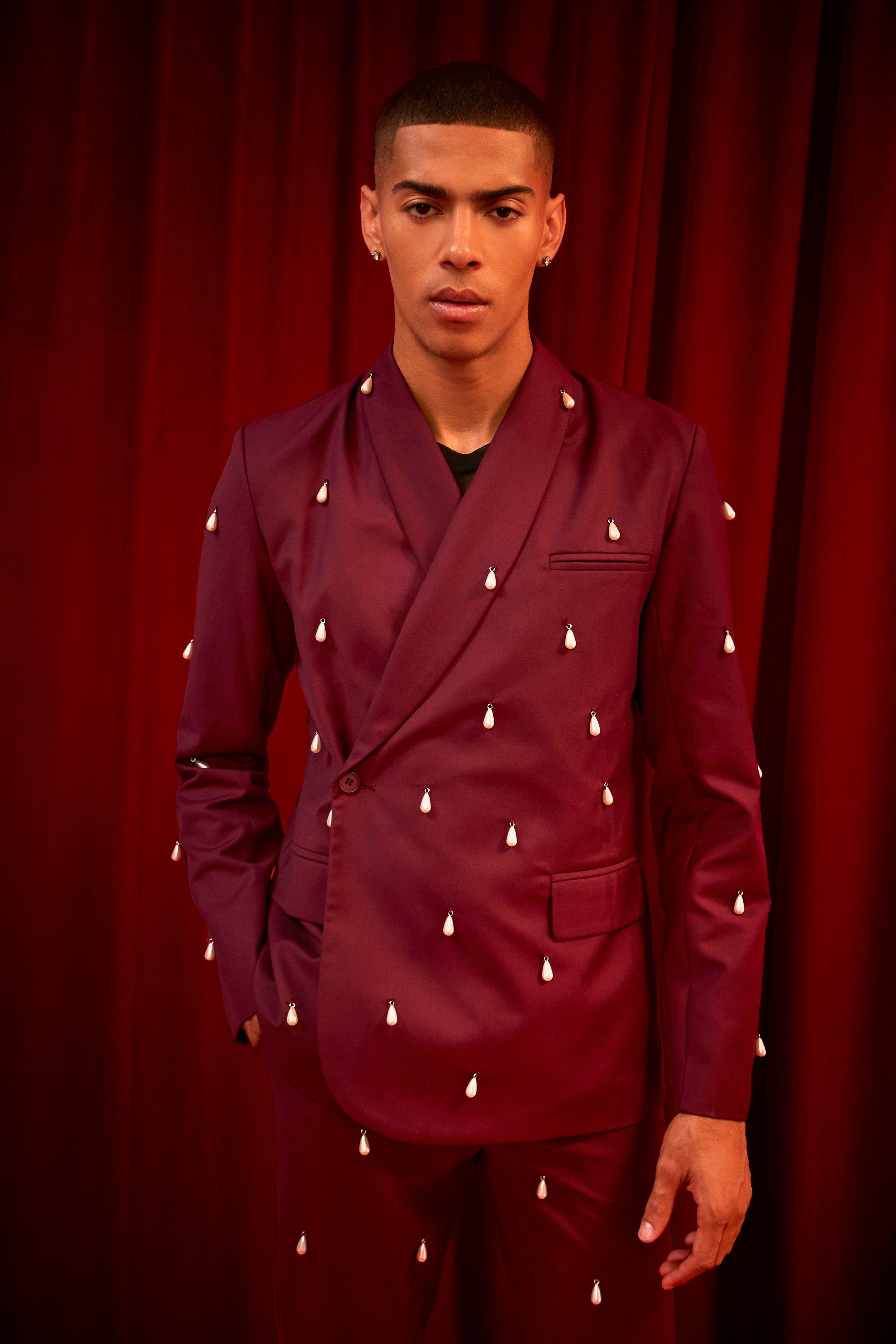 Purple Slim Fit Wikkel Blazer Met Parel Detail