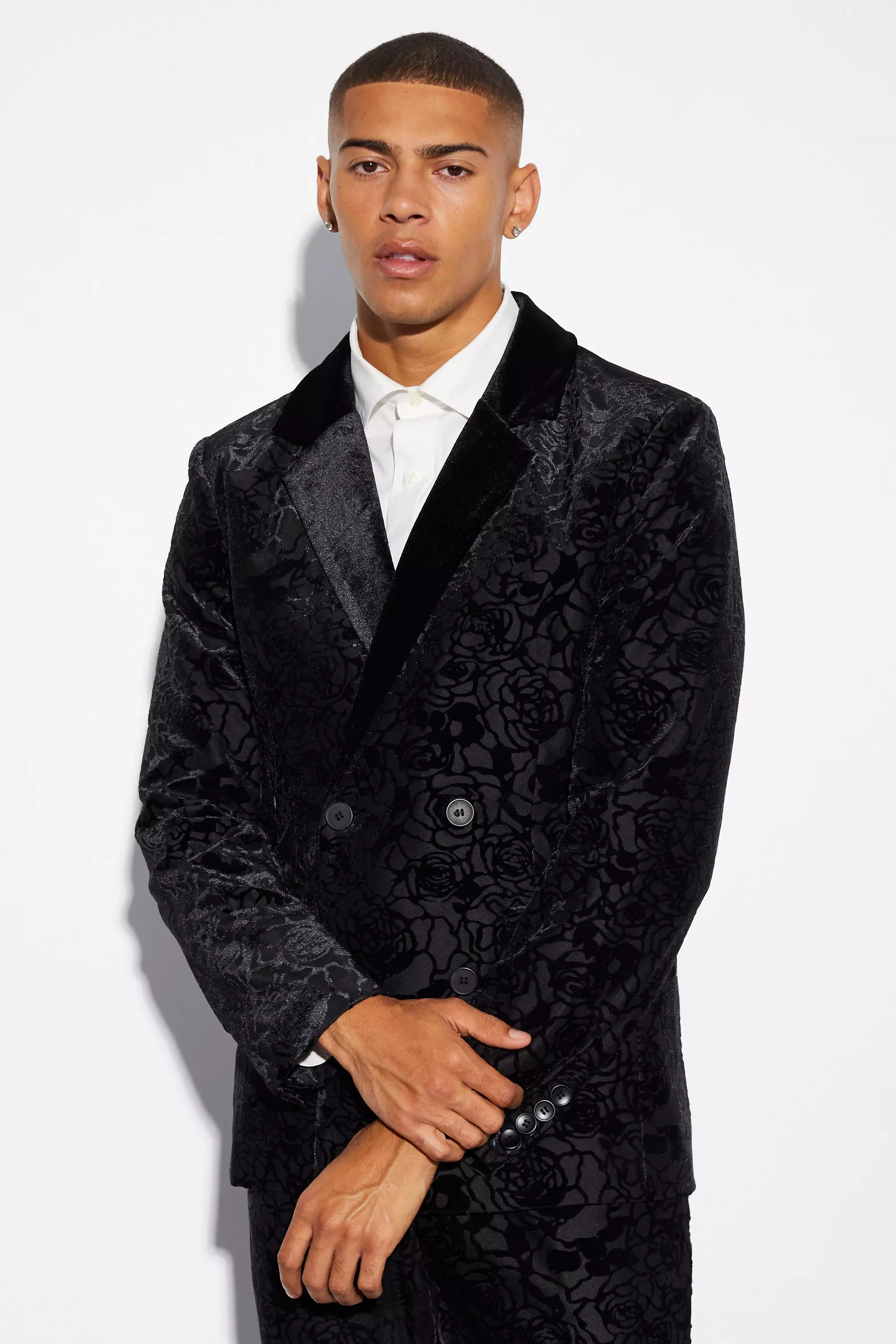 Black Skinny Lace Flock Suit Jacket and Trouser