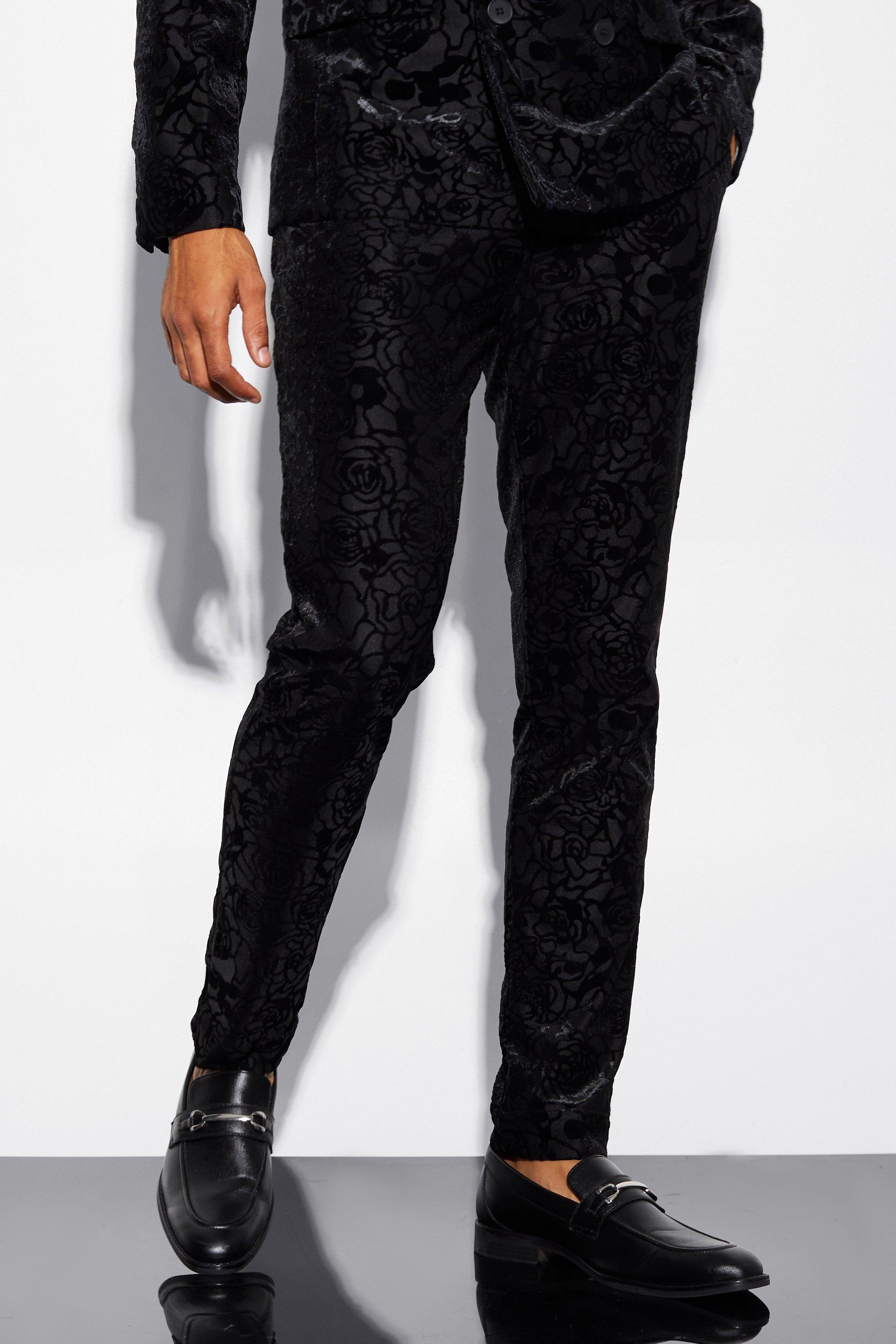 Pantalón de traje pitillo de encaje aterciopelado, Black
