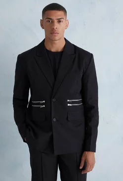 Black Oversized Boxy Zip Suit Jacket