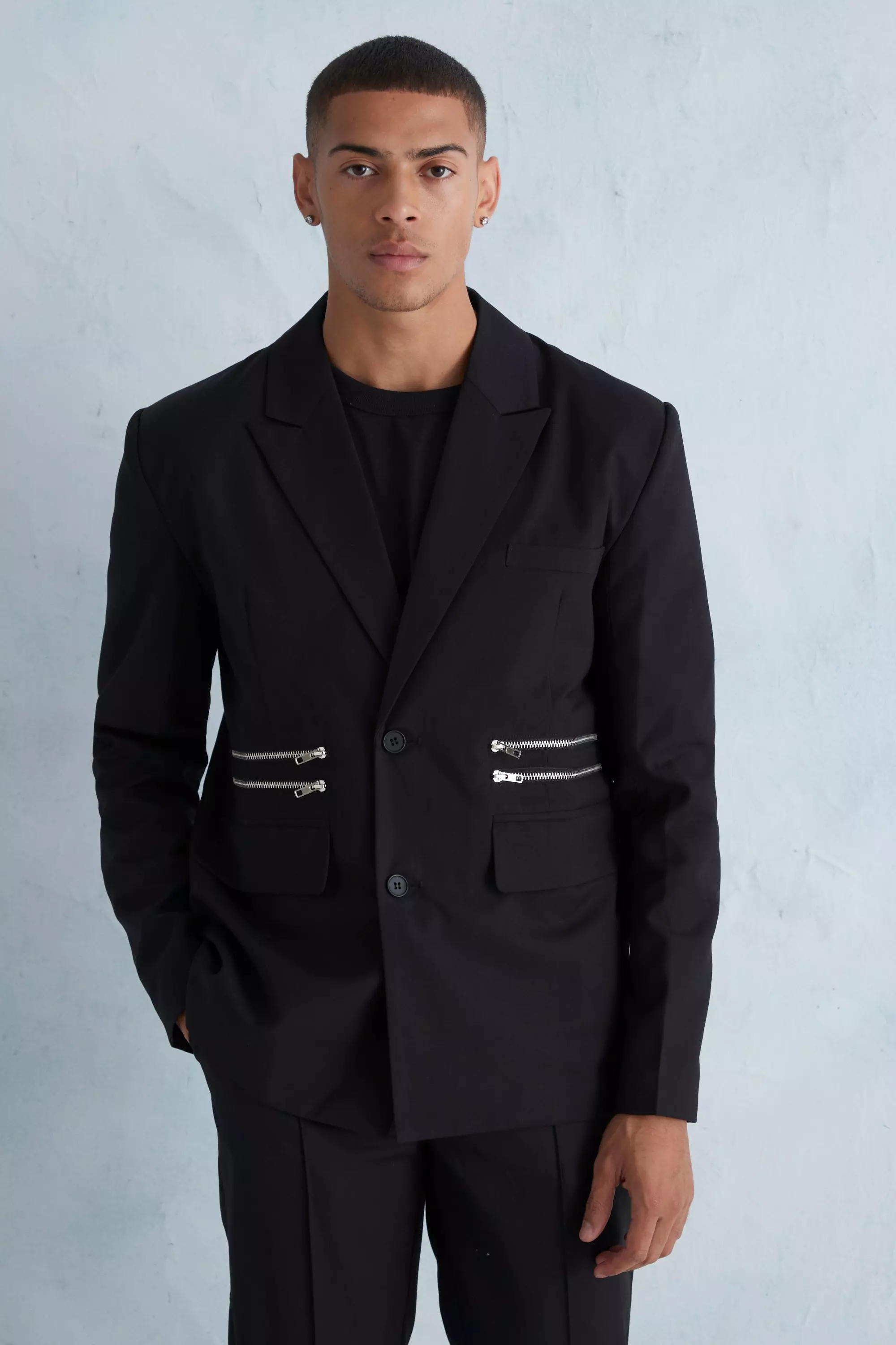 Oversized Boxy Zip Suit Jacket Black