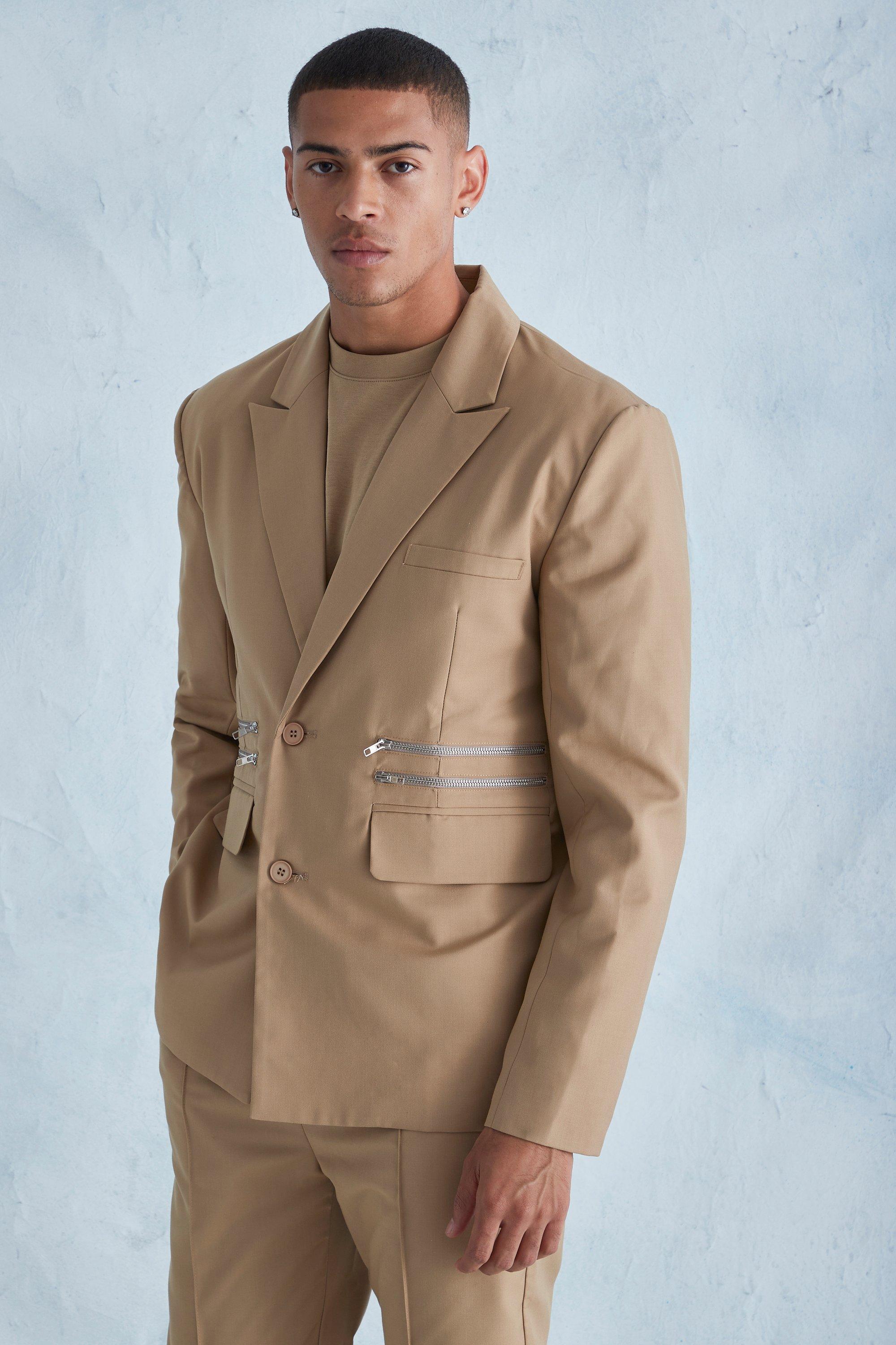 Camel Oversized Boxy Zip Suit Jacket