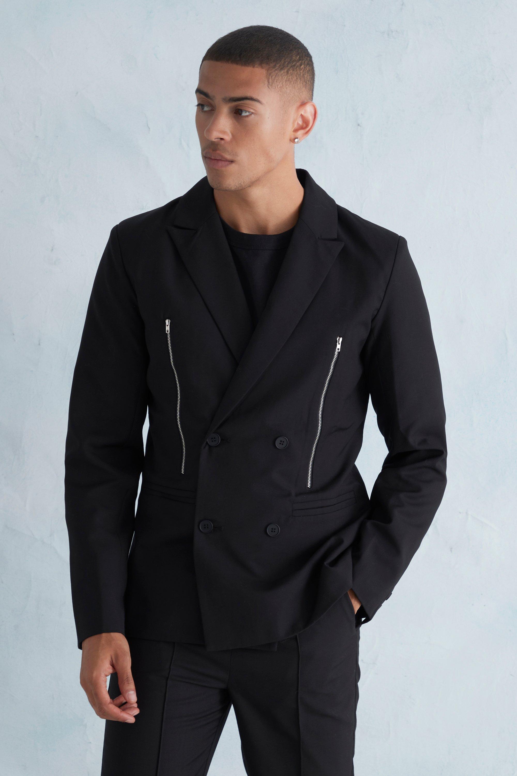 Black Slim Fit Double Breasted Zip Suit Jacket