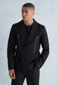 Black Slim Fit Double Breasted Zip Suit Jacket