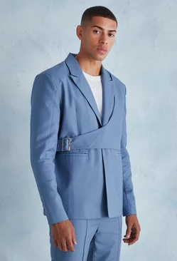 Blue Oversized Boxy Wrap Over Detail Suit Jacket