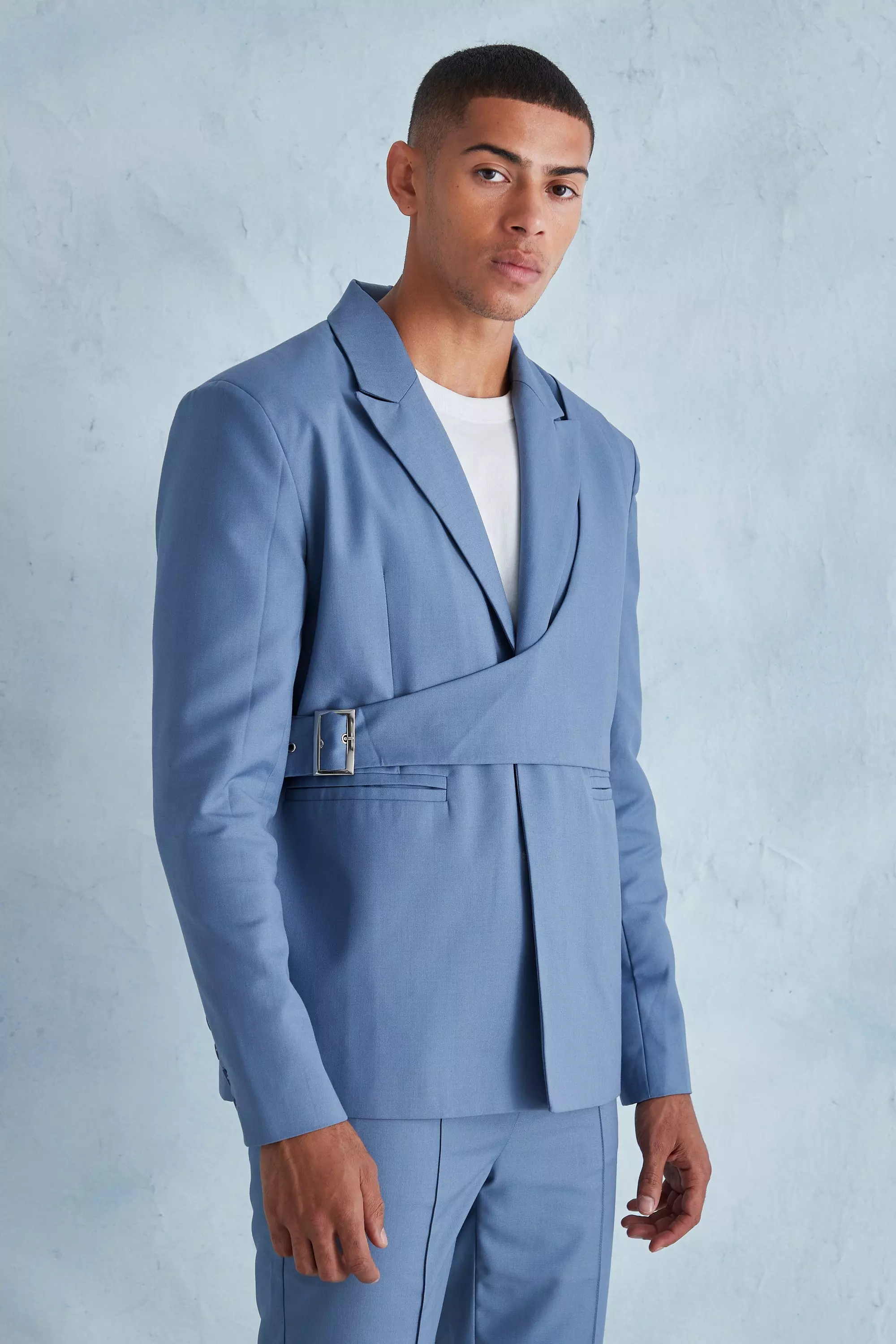 Oversized Boxy Wrap Over Detail Suit Jacket Dusty blue