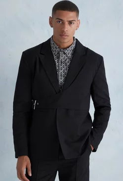 Oversized Boxy Wrap Over Detail Suit Jacket Black