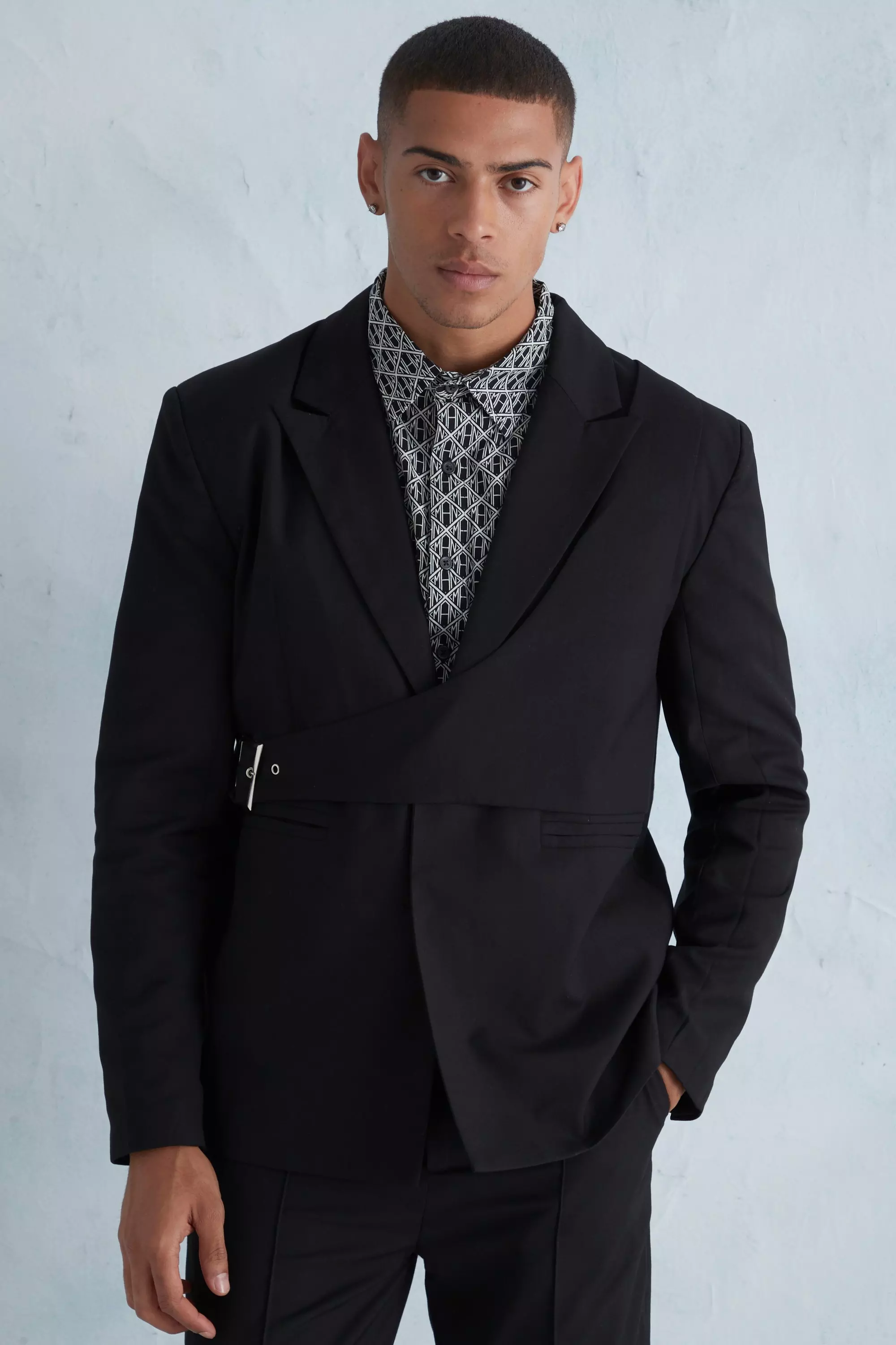 Oversized Boxy Wrap Over Detail Suit Jacket Black
