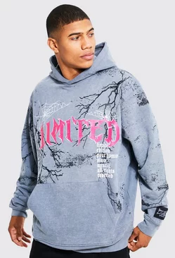 Oversized Skull Graphic Washed Hoodie Charcoal