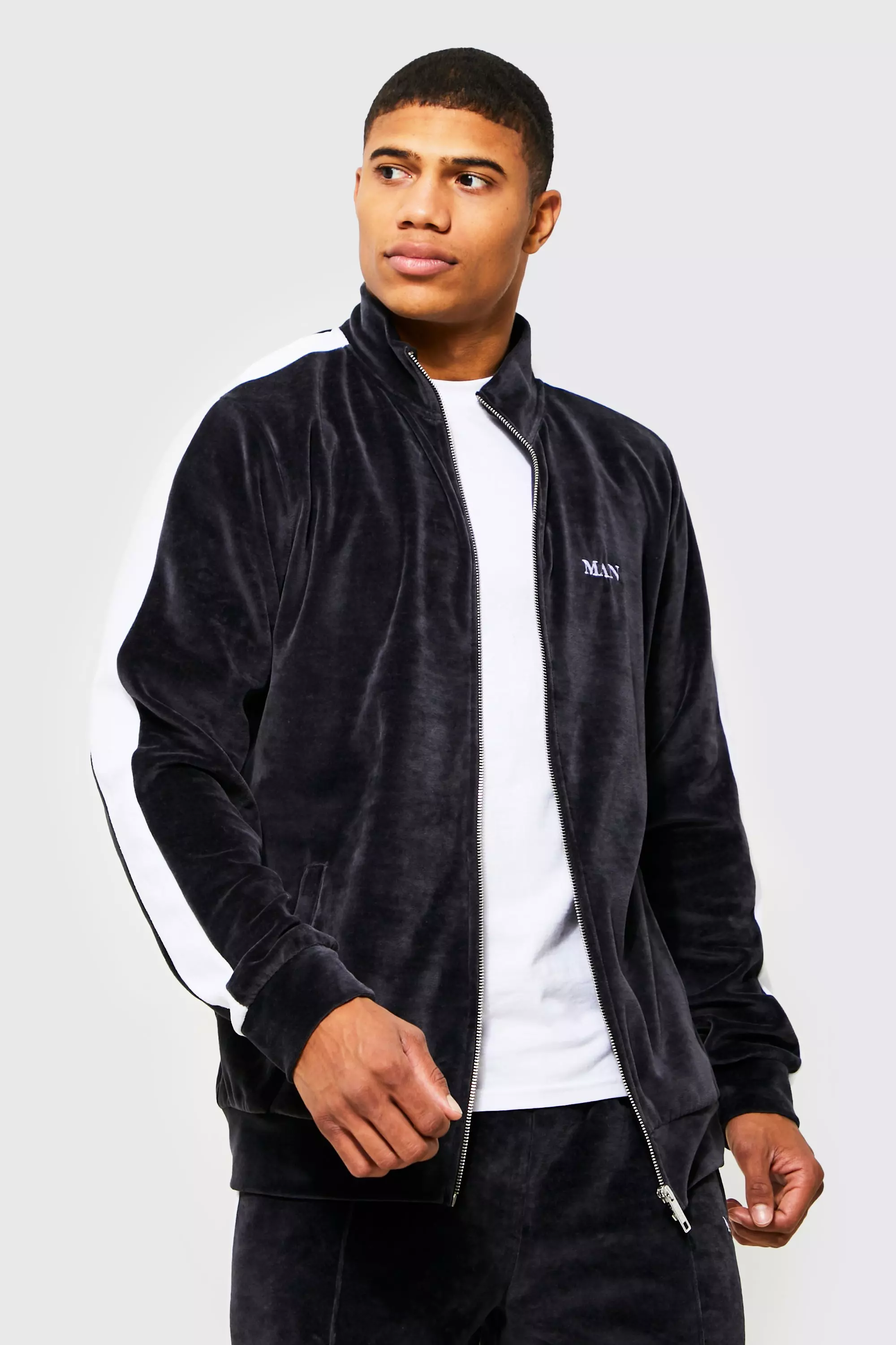 Heavyweight Velour Man Funnel Neck Tracksuit boohooMAN