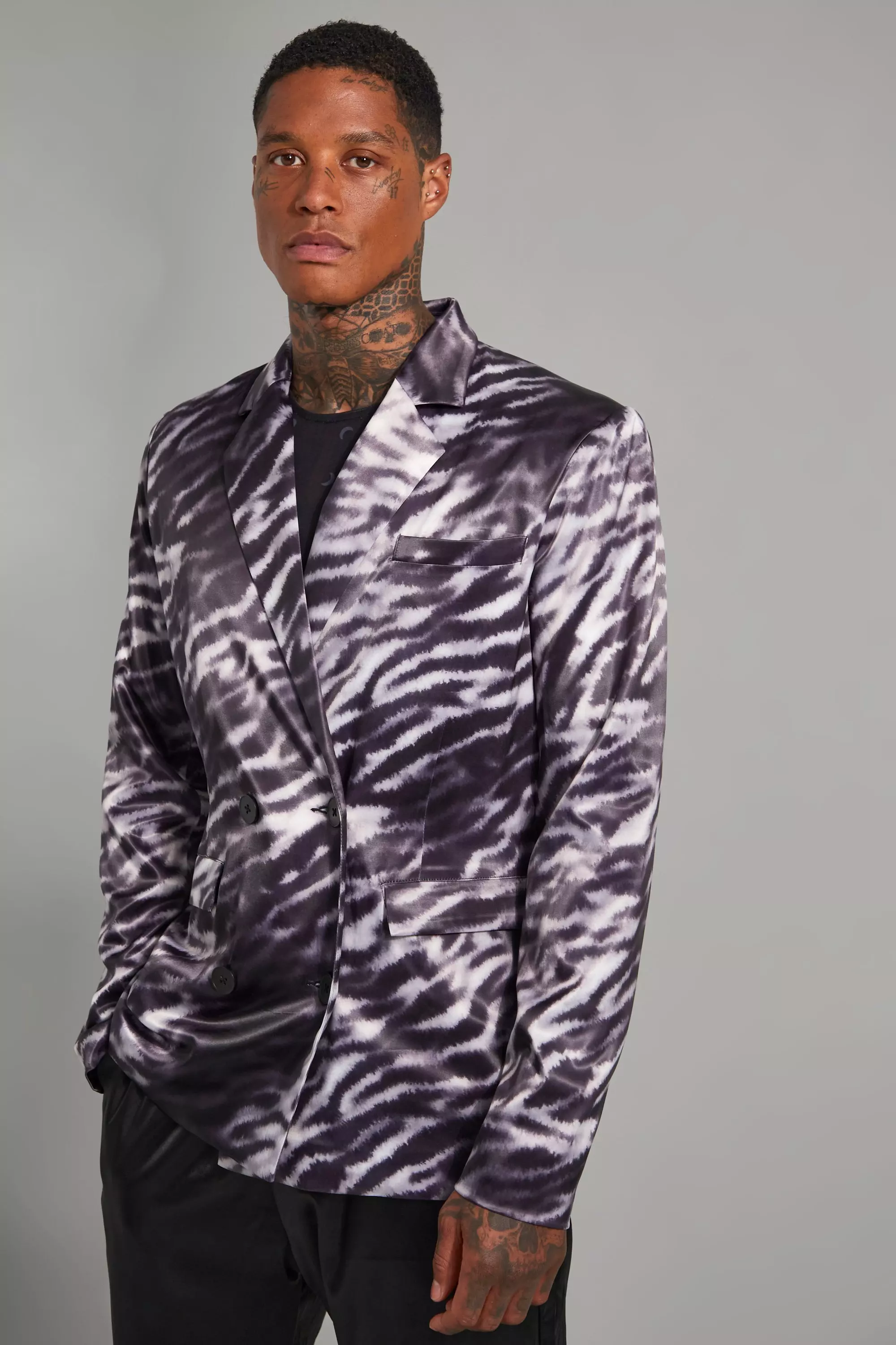 Zebra Printed Satin Double Breasted Blazer Jacket Black