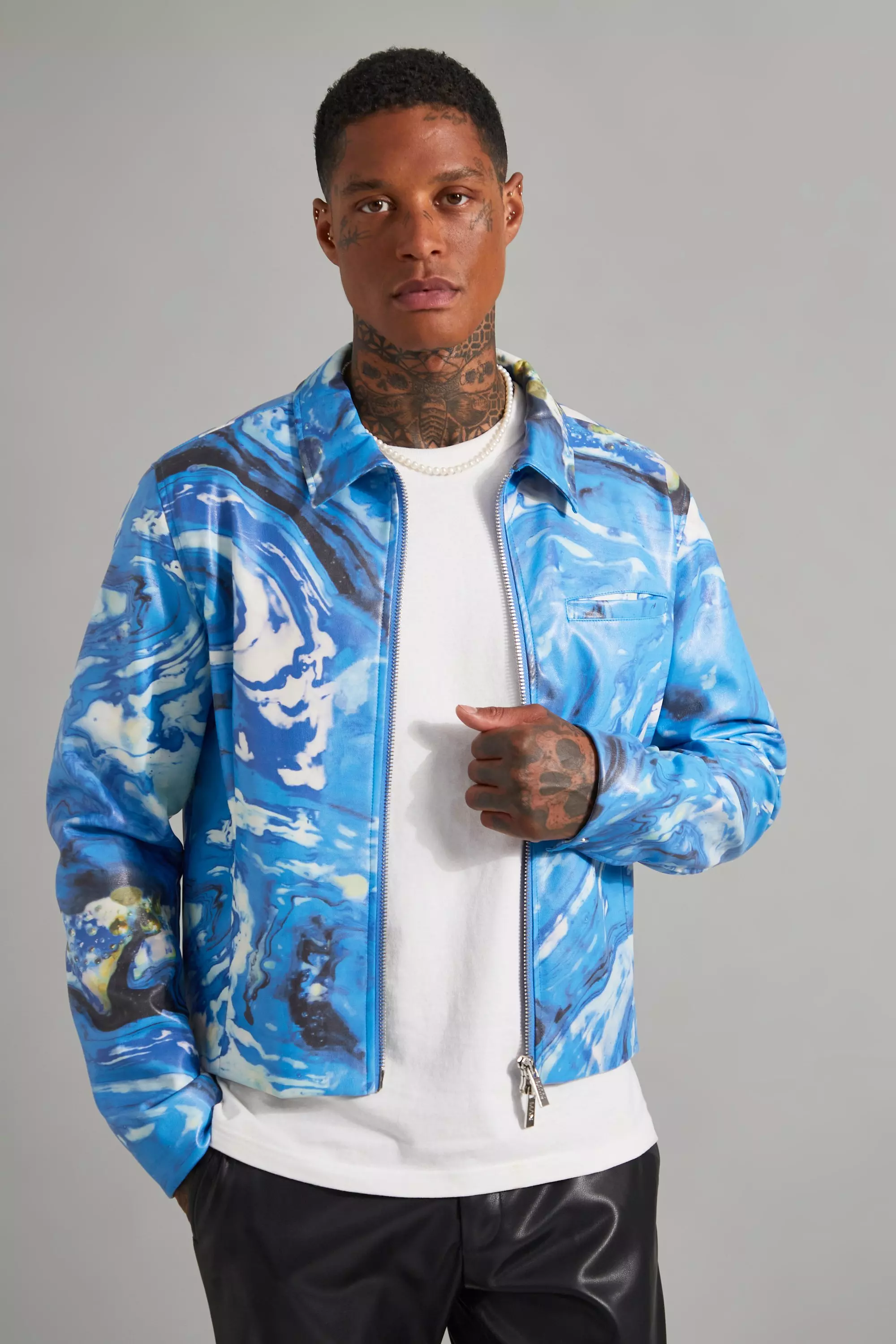 Blue Abstract Marble Boxy Harrington Jacket alternative image