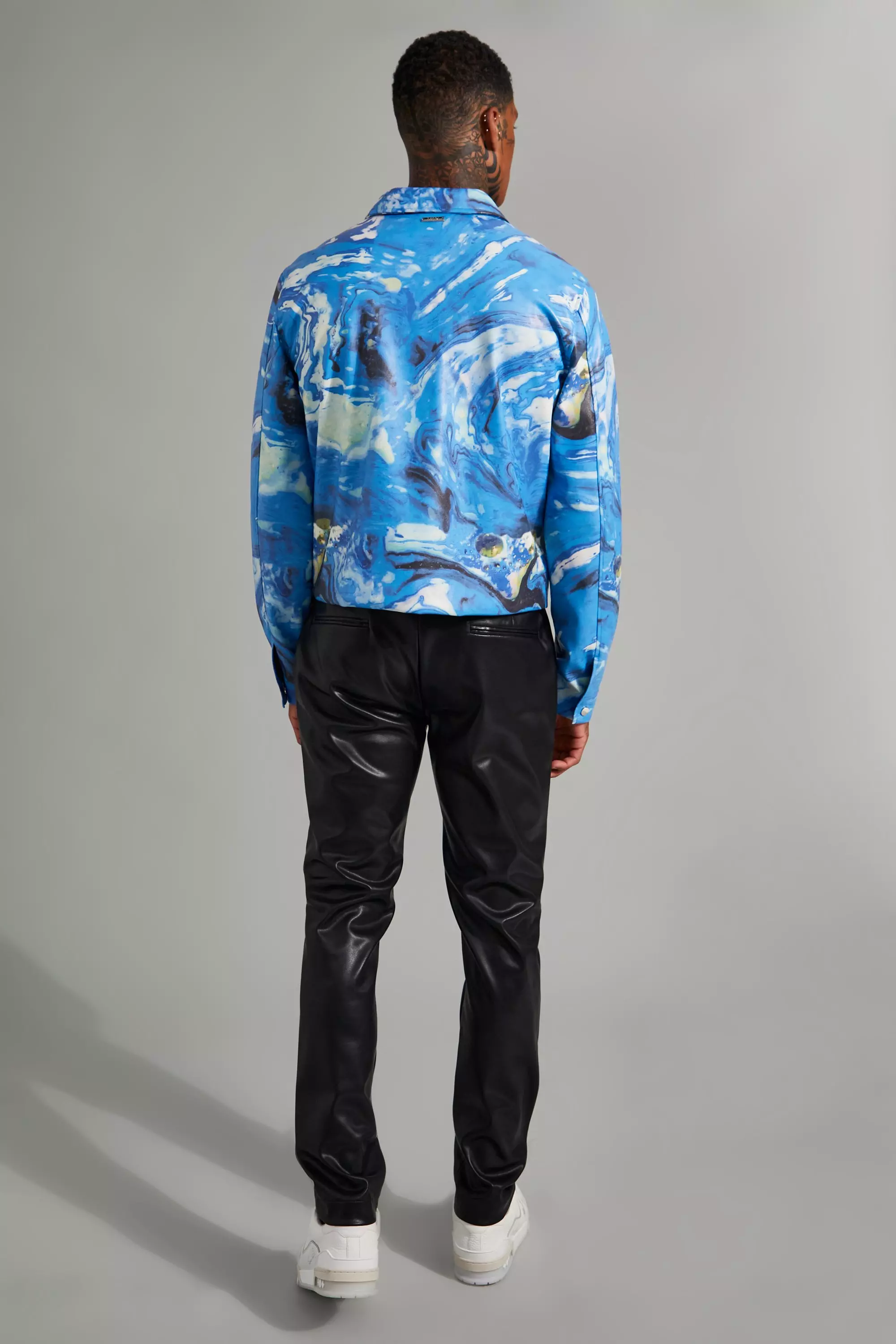 Blue Abstract Marble Boxy Harrington Jacket alternative image