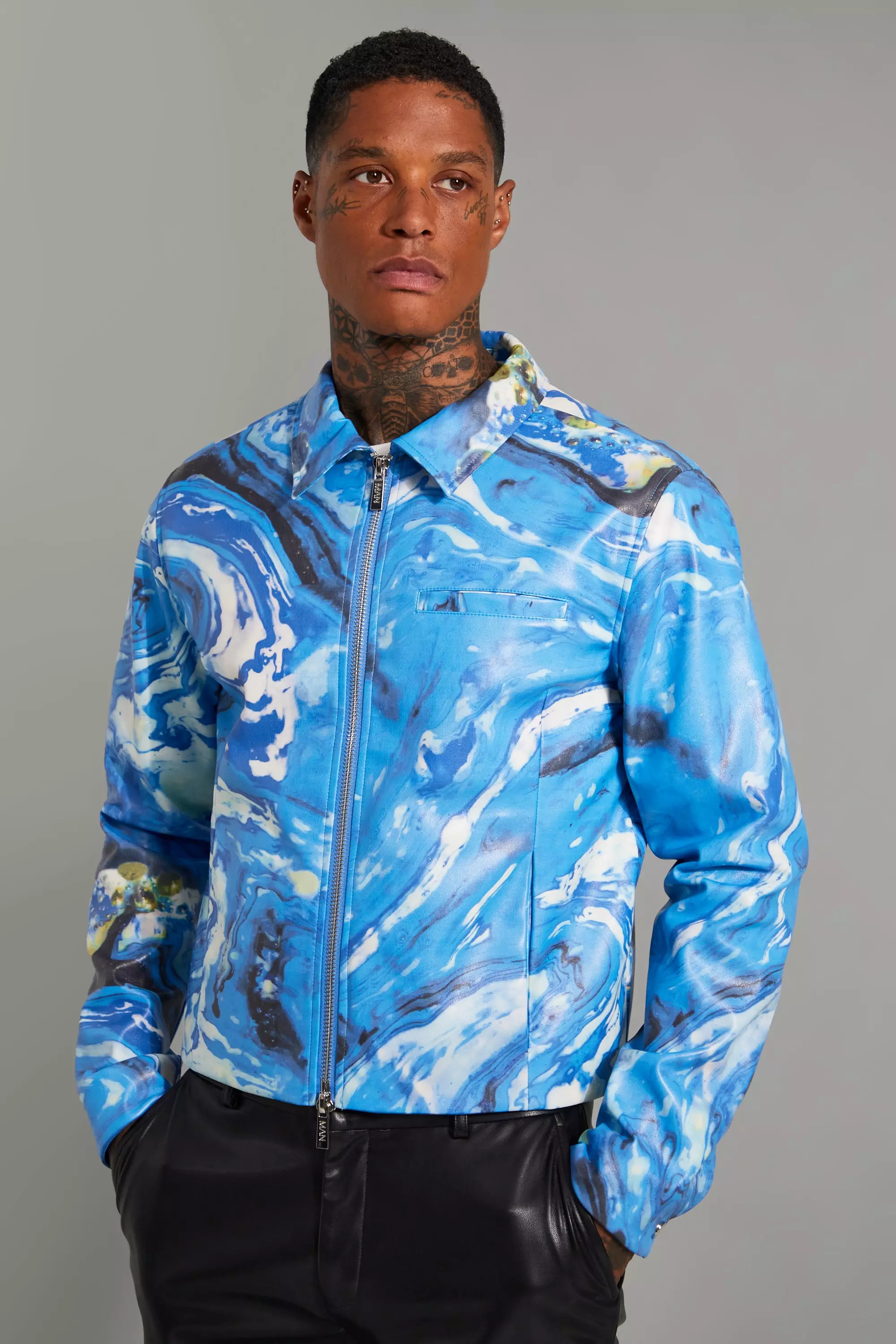 Blue Abstract Marble Boxy Harrington Jacket alternative image