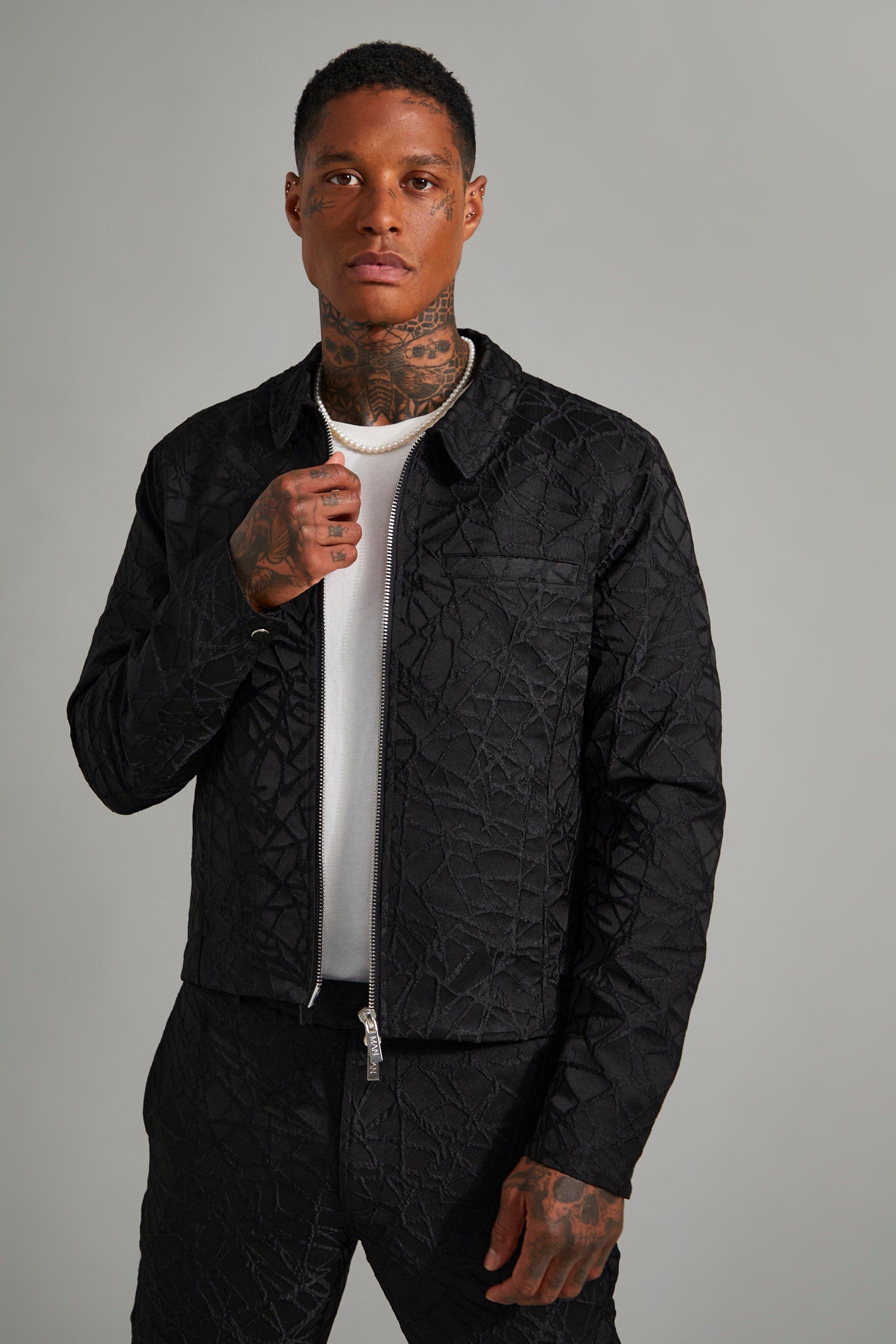 Textured Jacquard Boxy Harrington Jacket | boohooMAN USA