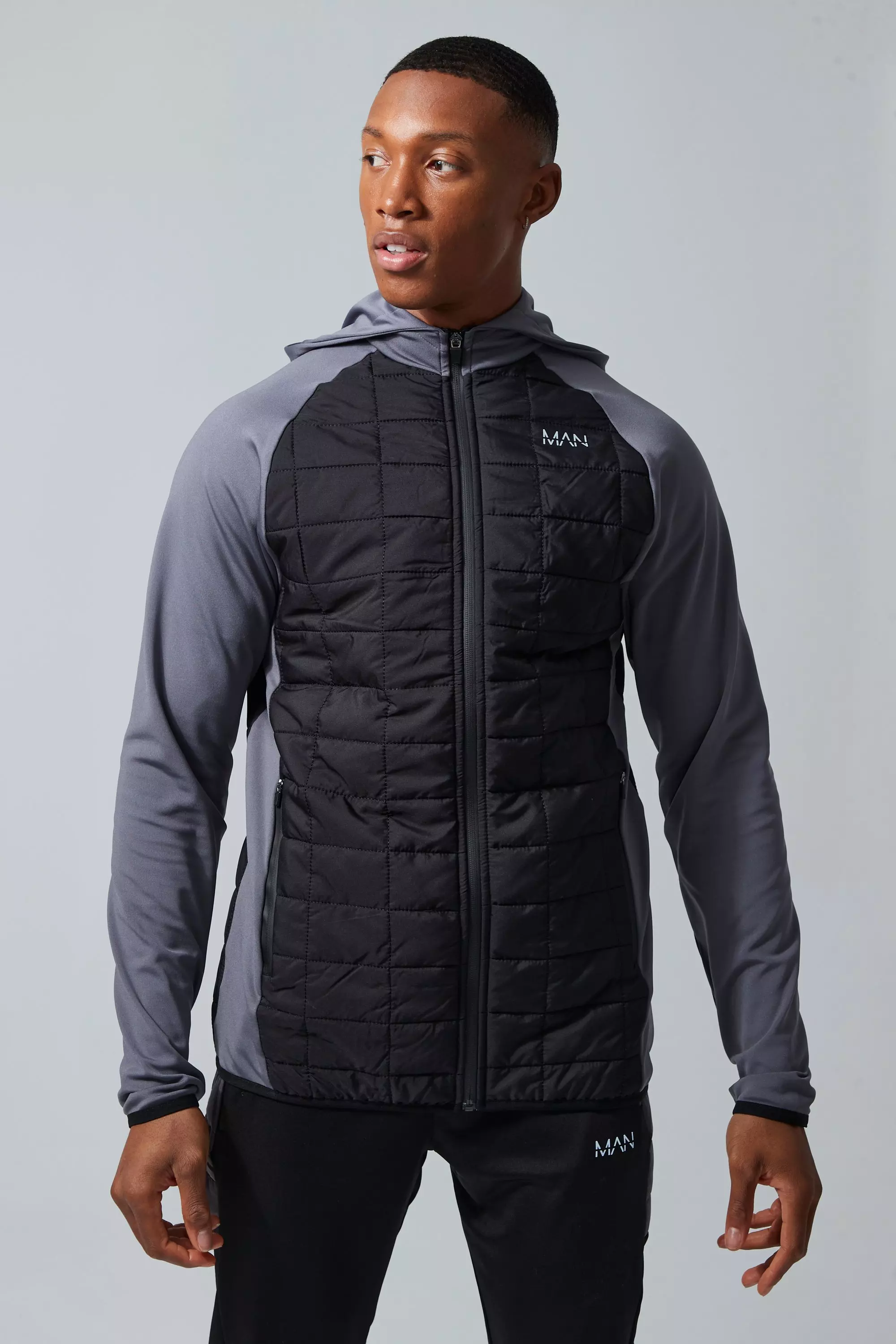 Man Active Grid Quilted Hybrid Hoodie Black