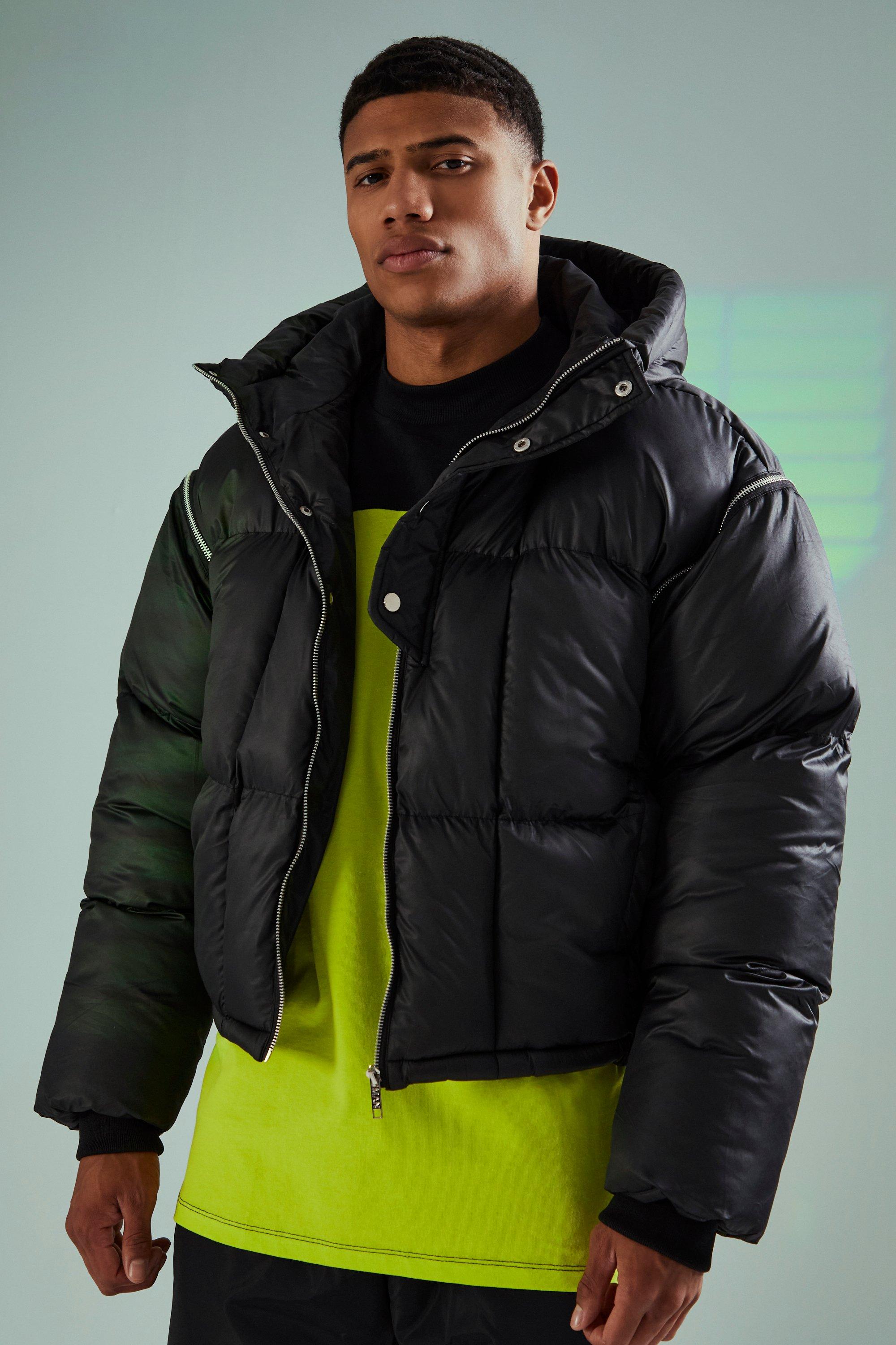 boohooMAN Mens Boxy Oversized PU Patch Peached Nylon Puffer - Black