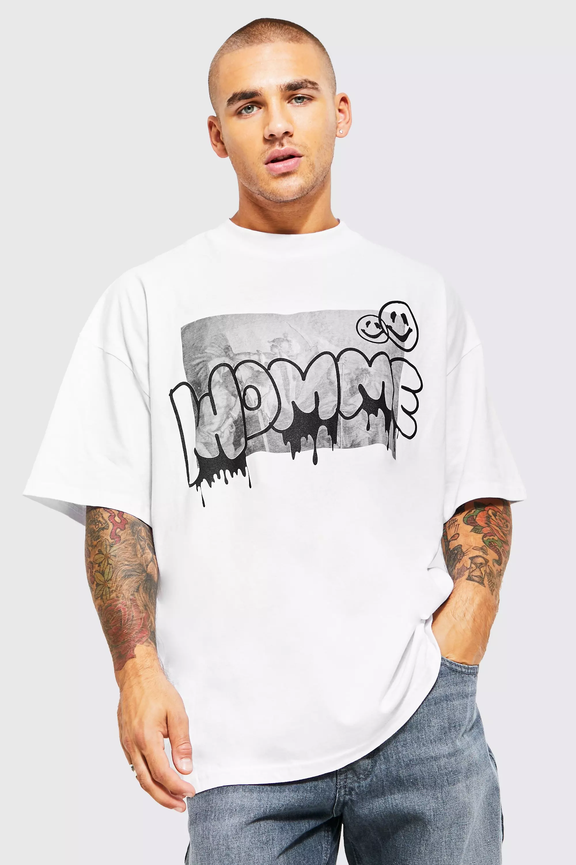 Oversized Extended Neck Homme Graphic T shirt boohooMAN