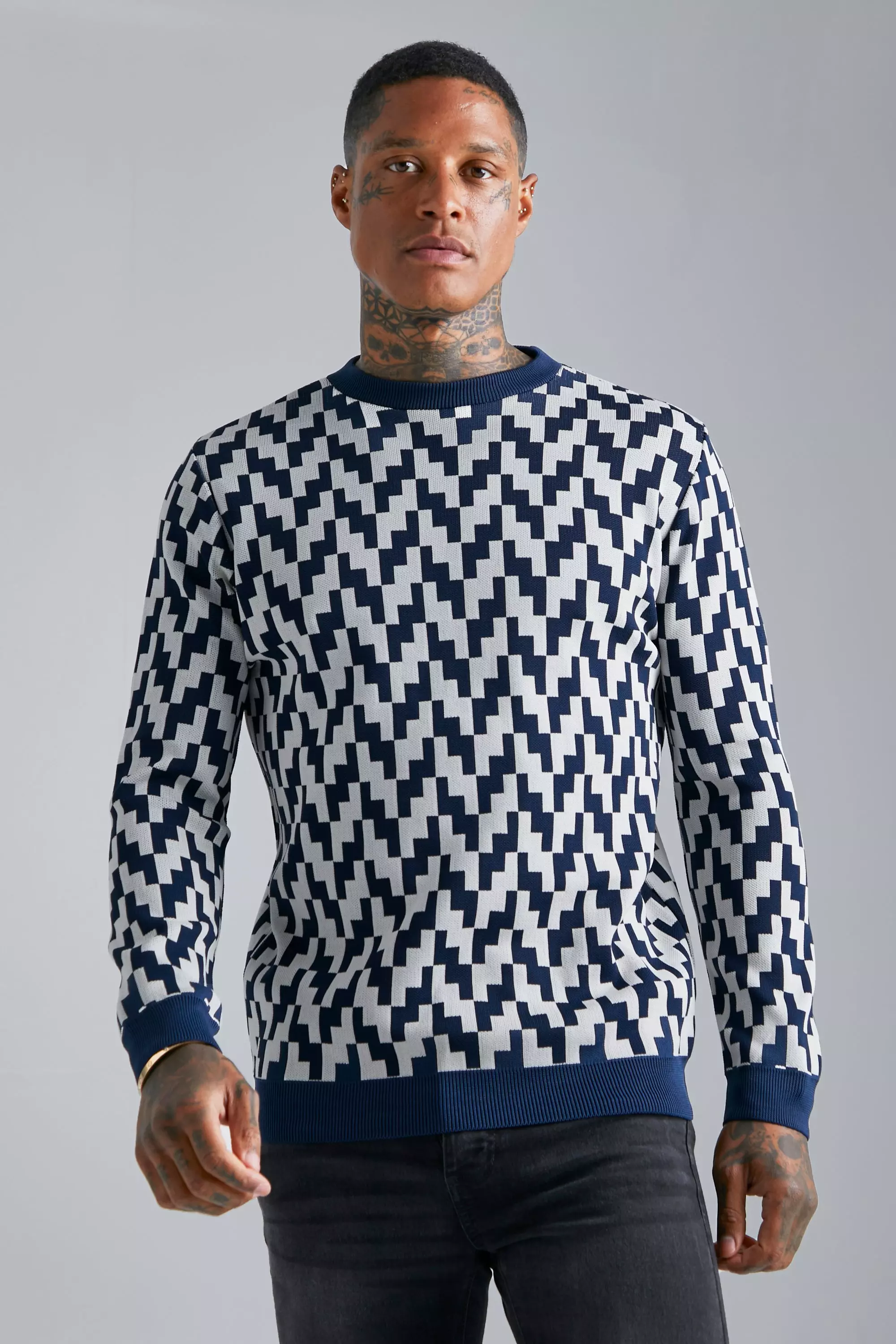 Navy Geo Square Smart Knitted Sweater