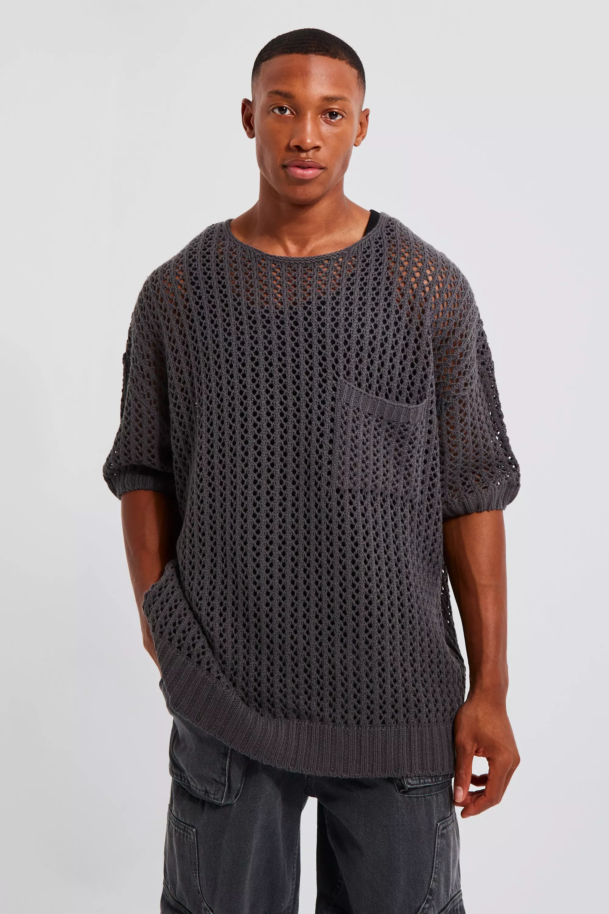 Open Stitch Oversized T-shirt With Pocket Charcoal