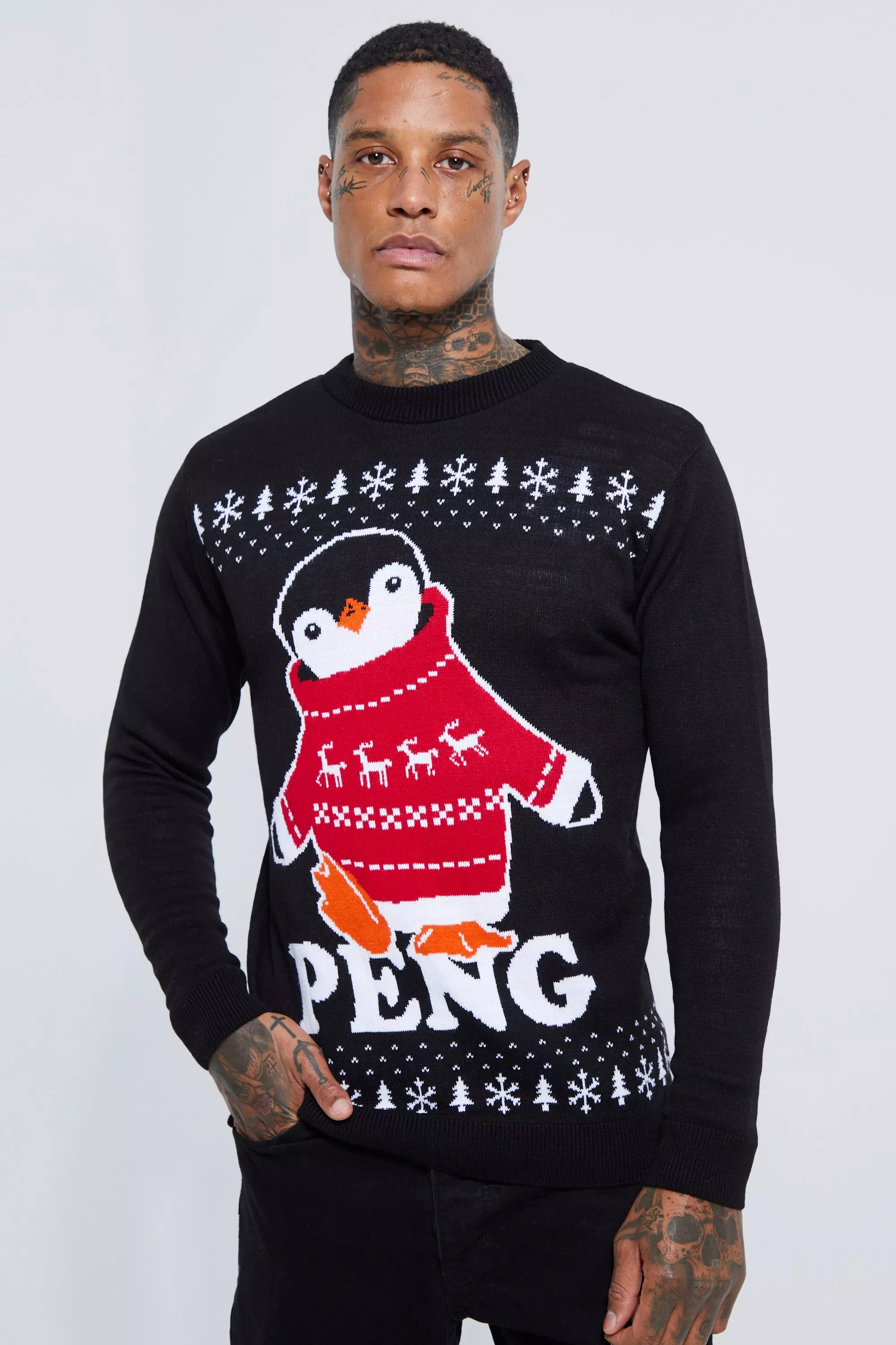 Peng Penguin Christmas Jumper boohooMAN UK