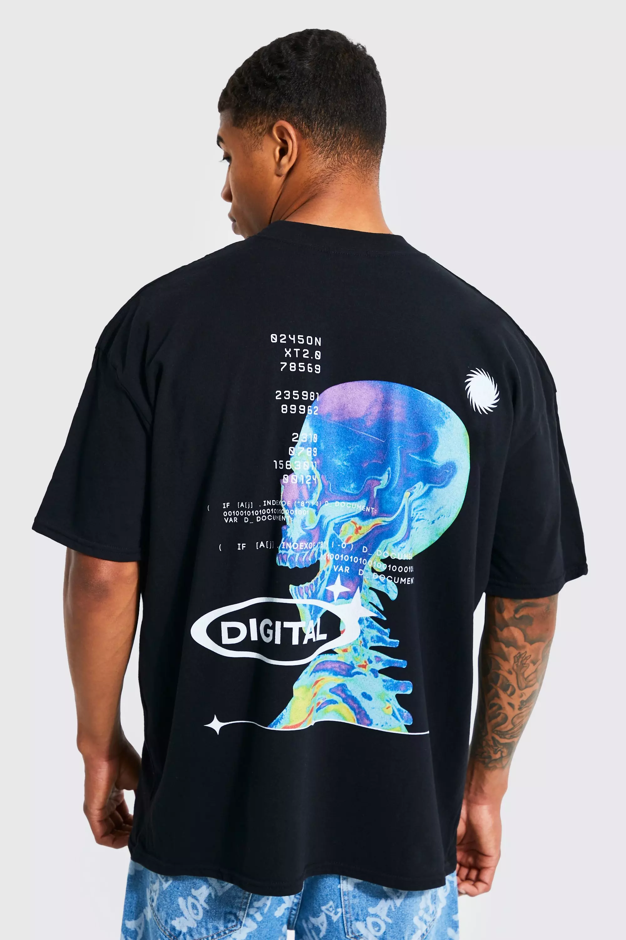 Oversized Extended Neck Heat Graphic T-shirt Black