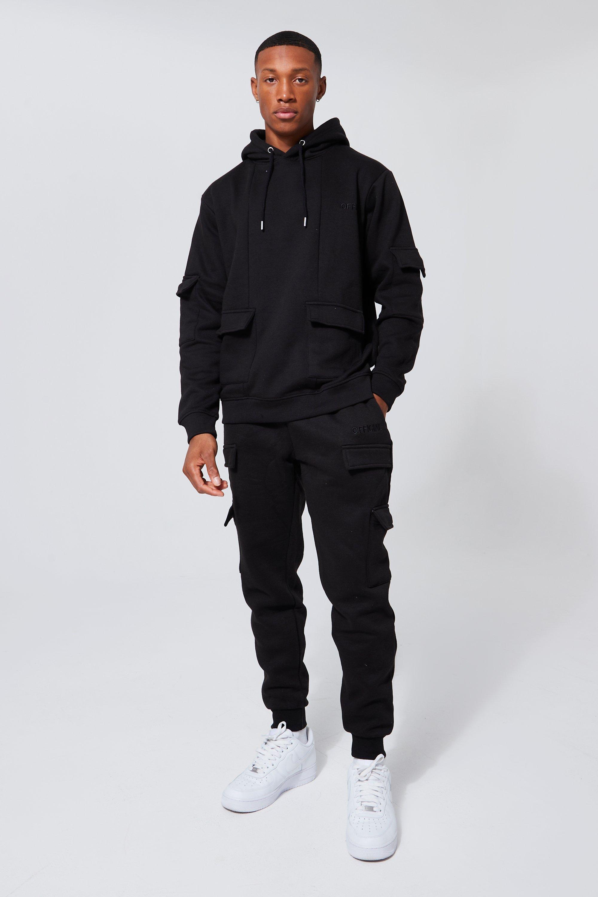 Official Man Cargo Hooded Panelled Tracksuit boohooMAN USA