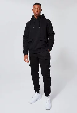 Official Man Cargo Hooded Panelled Tracksuit Black